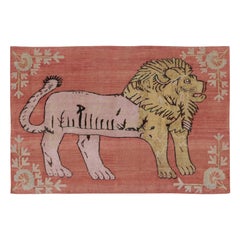 Rug 
Kilim Modern Persian Gabbeh Inspired Rug in Coral and Gold Lion Pictorial