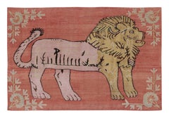 Rug 
Kilim Modern Persian Gabbeh Inspired Rug in Coral and Gold Lion Pictorial