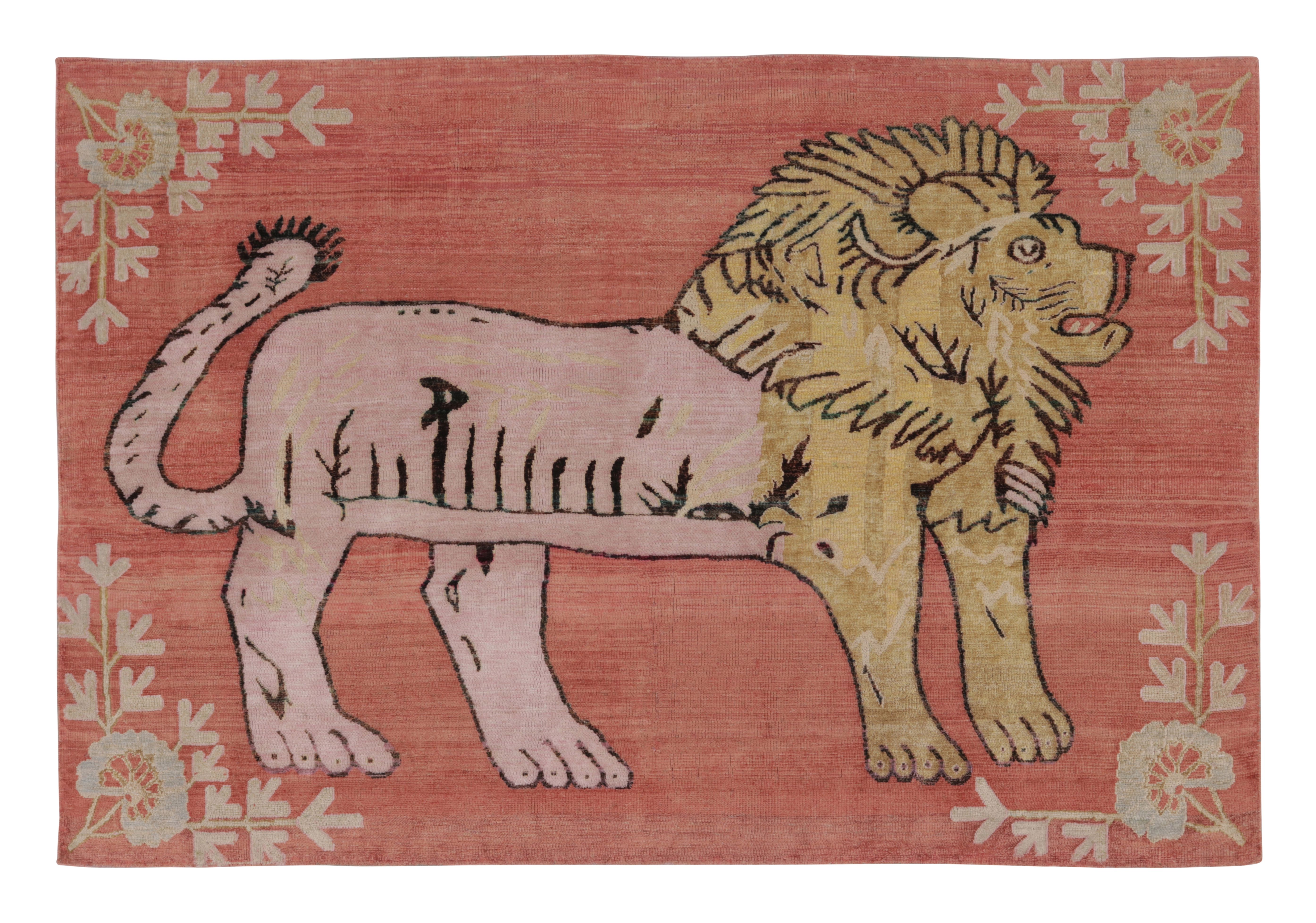 Rug & Kilim Modern Persian Gabbeh Inspired Rug in Coral and Gold Lion Pictorial For Sale