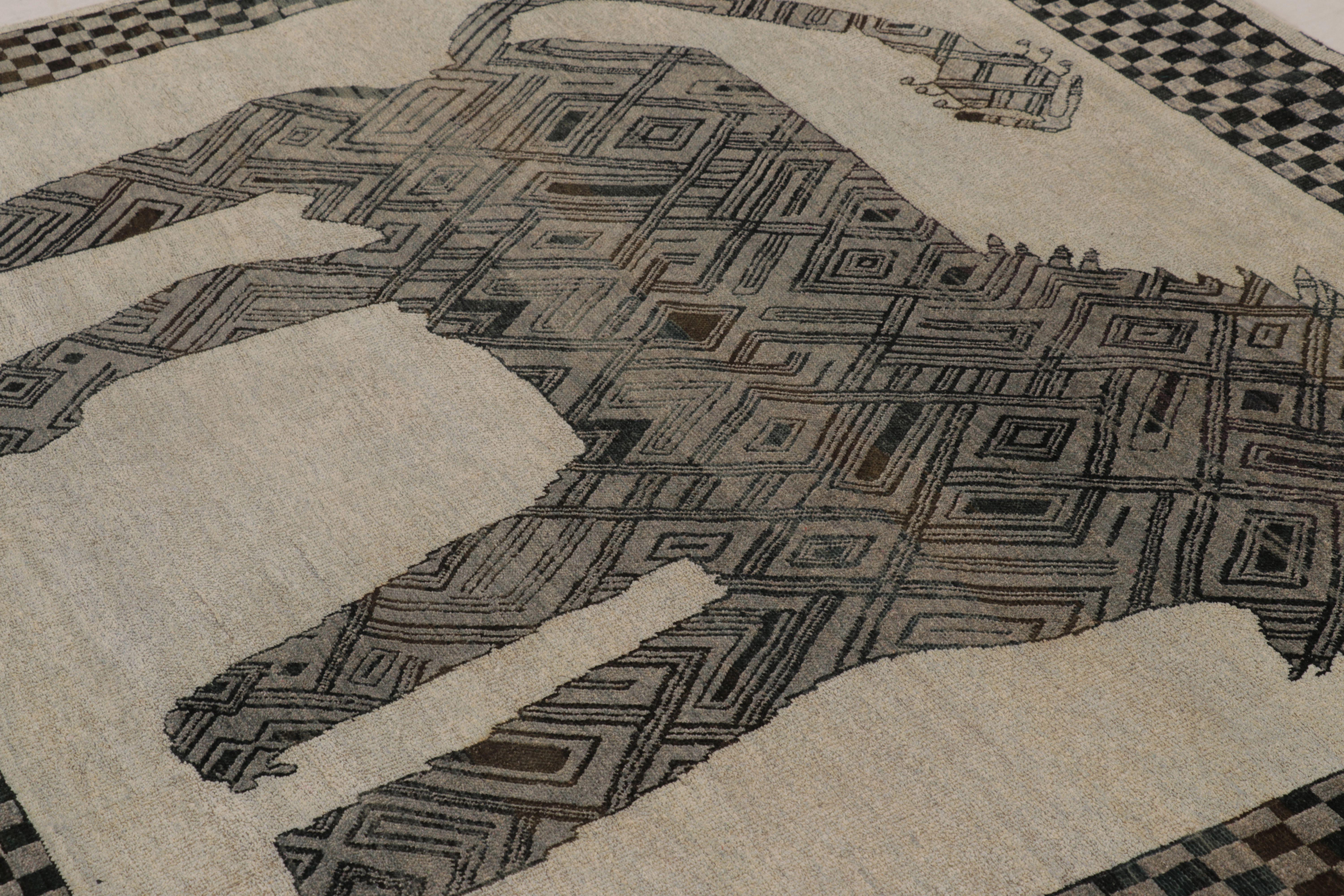 Indiano Rug & Kilim Tappeto persiano ispirato al Gabbeh in tonalità carbone e nero Lion Pictorial in vendita