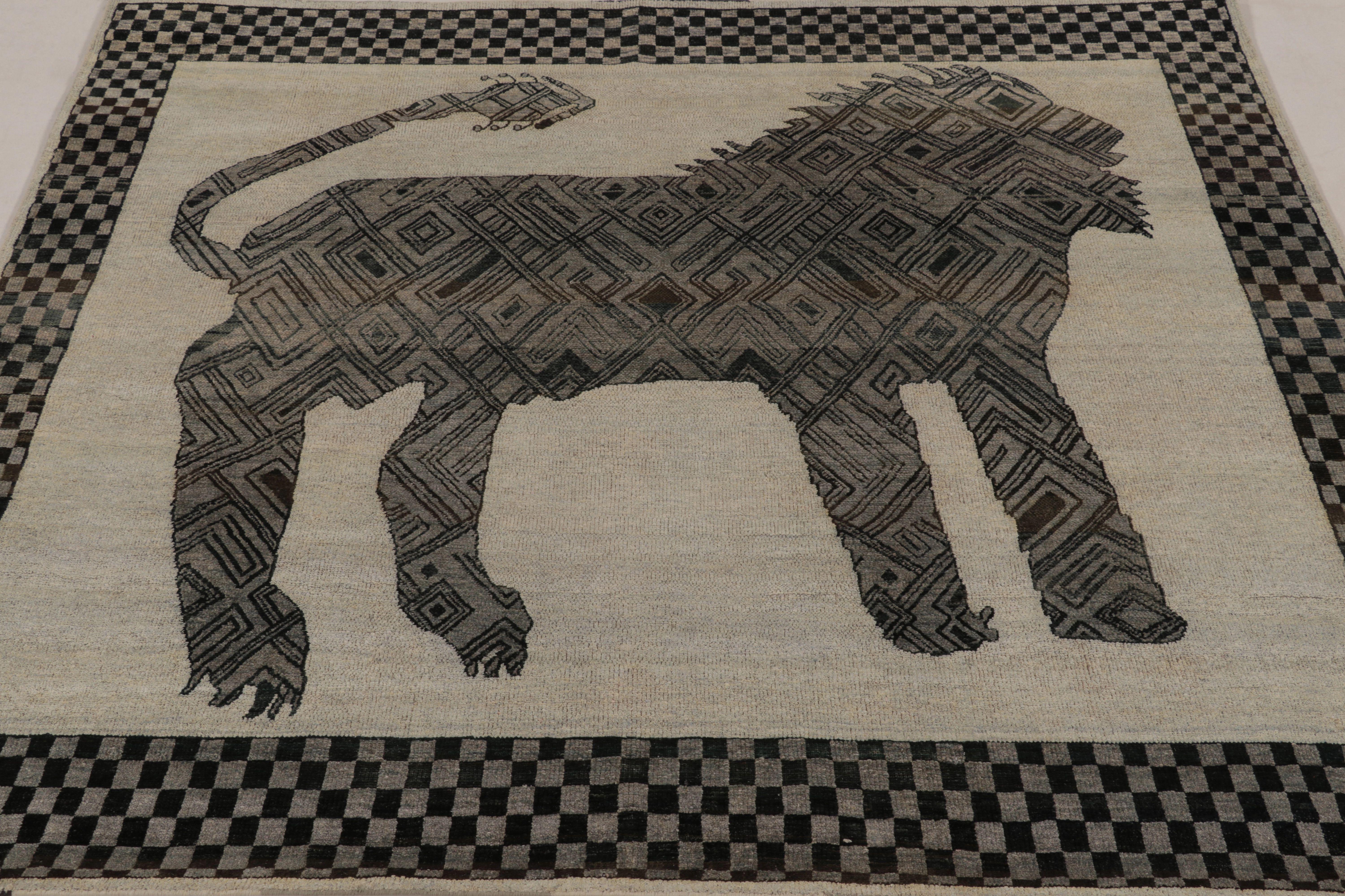 Annodato a mano Rug & Kilim Tappeto persiano ispirato al Gabbeh in tonalità carbone e nero Lion Pictorial in vendita