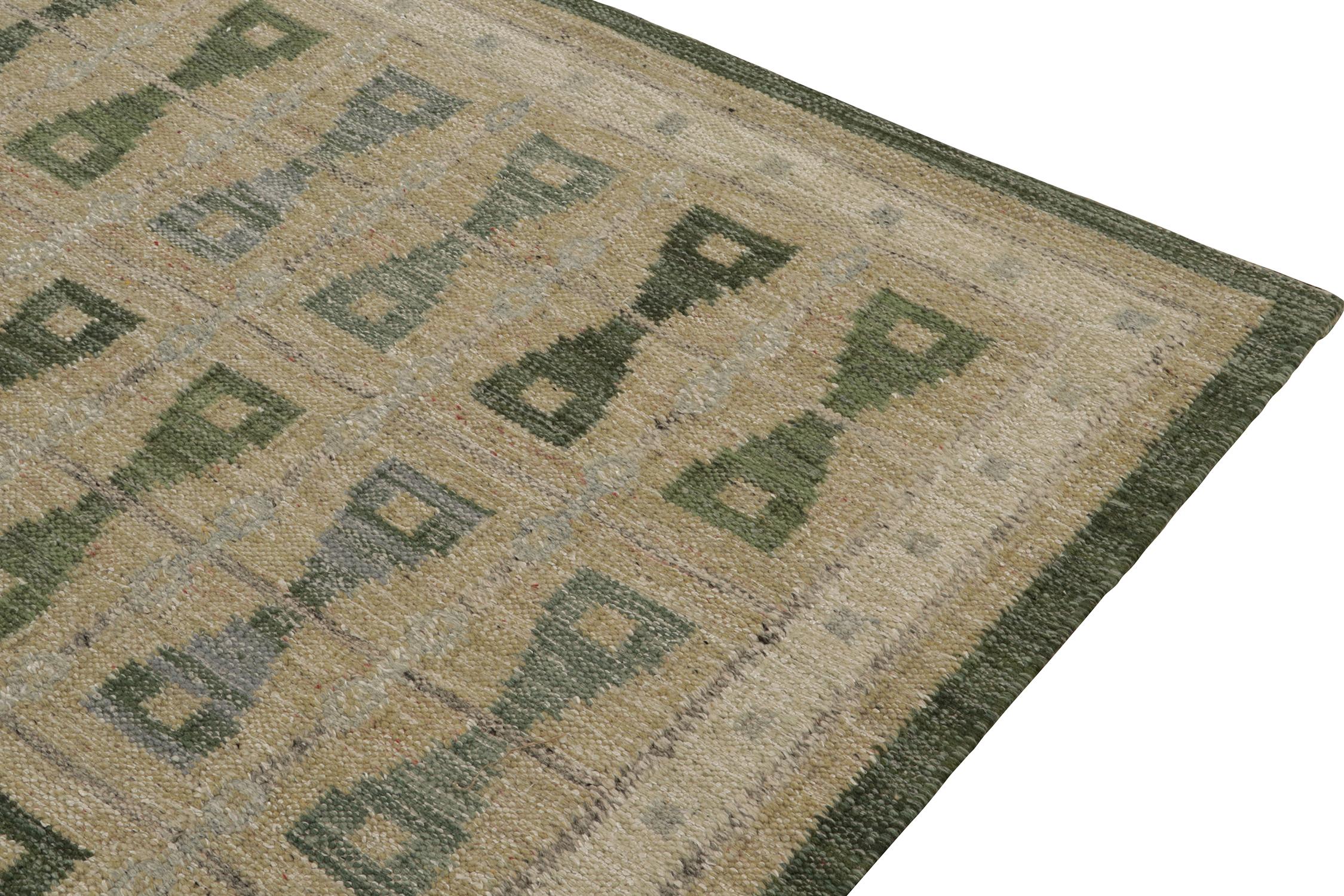 Hand-Knotted Rug & Kilim Scandinavian Style Custom Kilim in Beige, Green and Blue Pattern For Sale