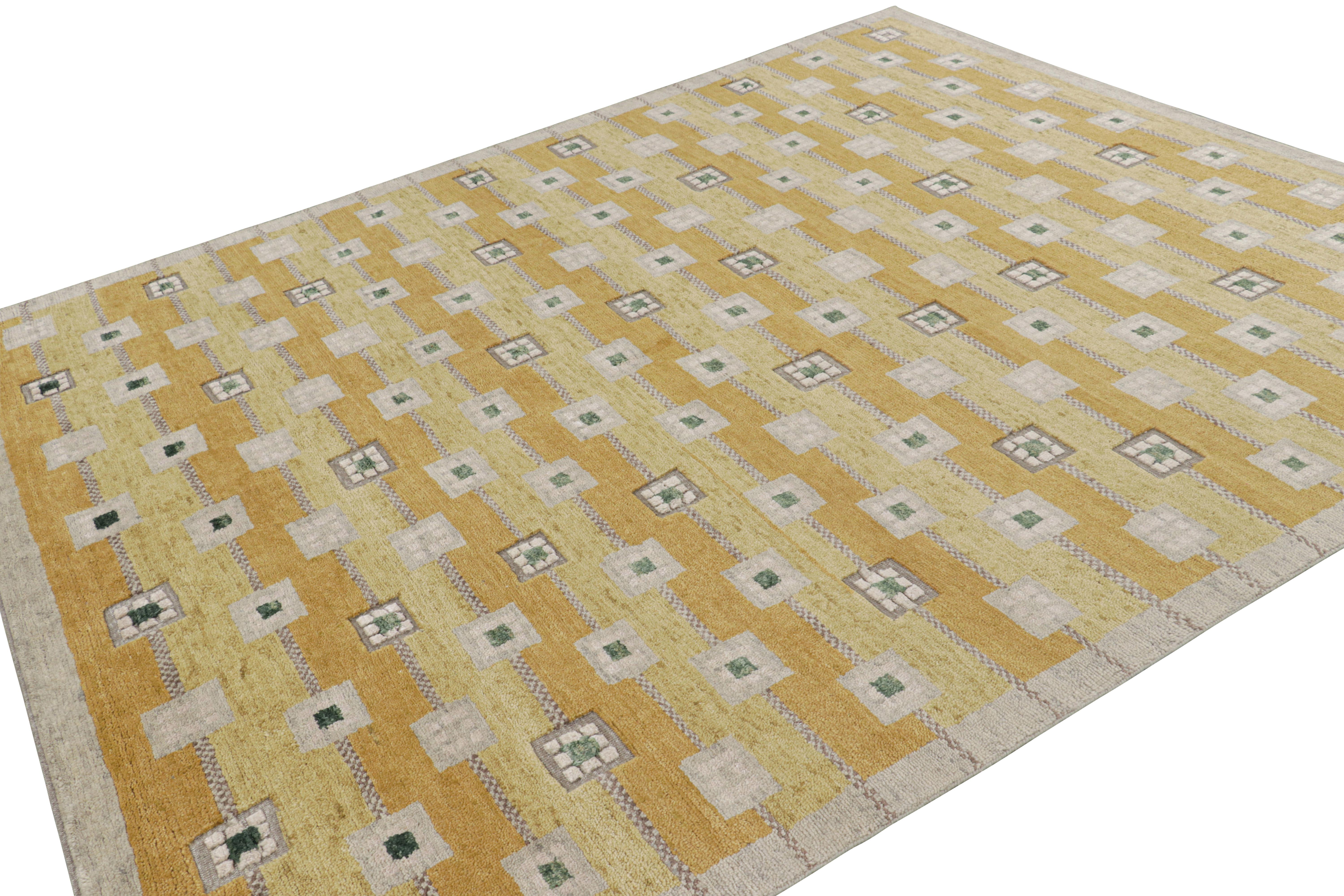 Rug & Kilim Teppich im skandinavischen Stil in Gold mit grauen geometrischen Mustern (Indisch) im Angebot