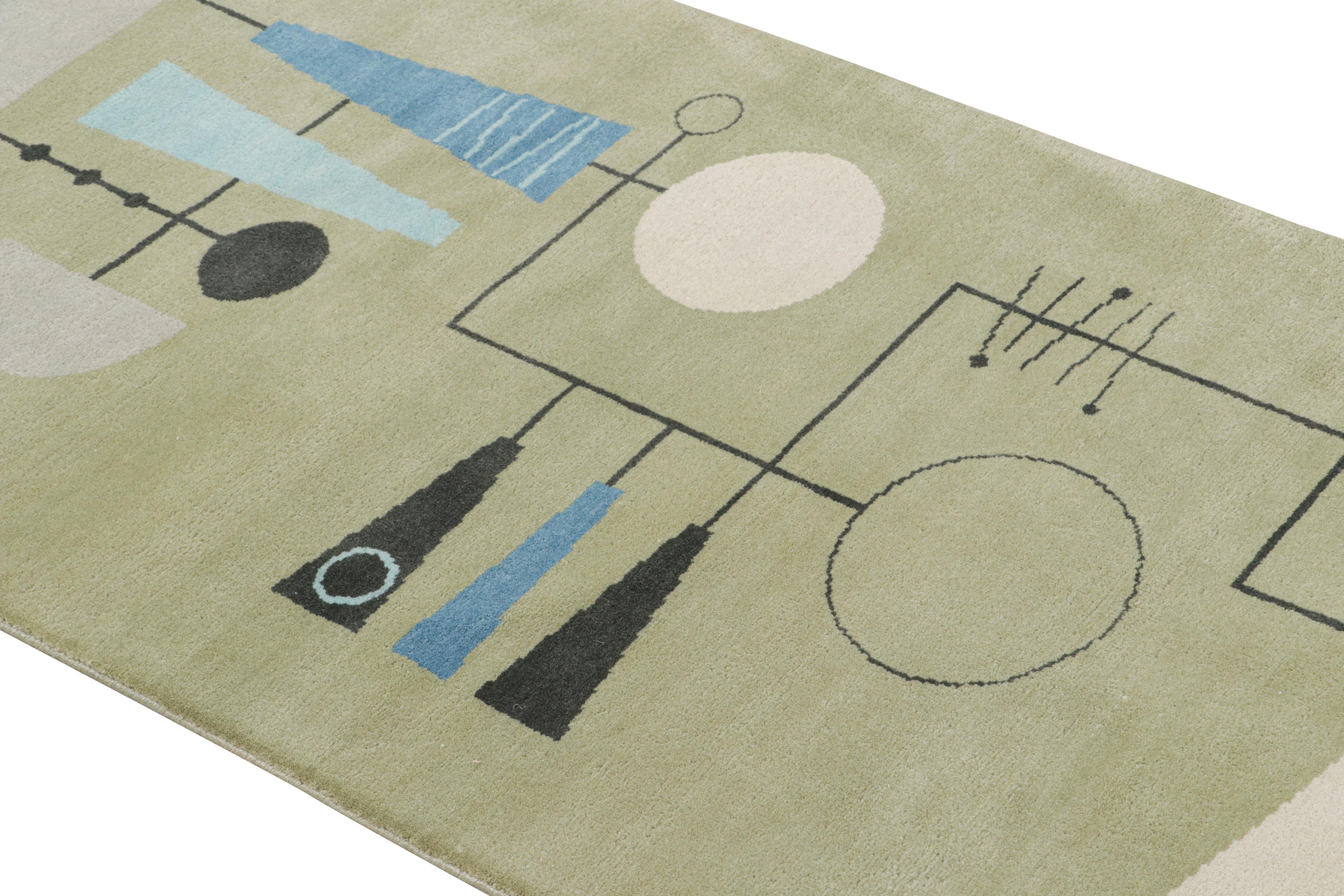 Hand-Knotted Rug & Kilim x El Gato Gomez Mid-Century Modern Style Runner Rug in Green For Sale