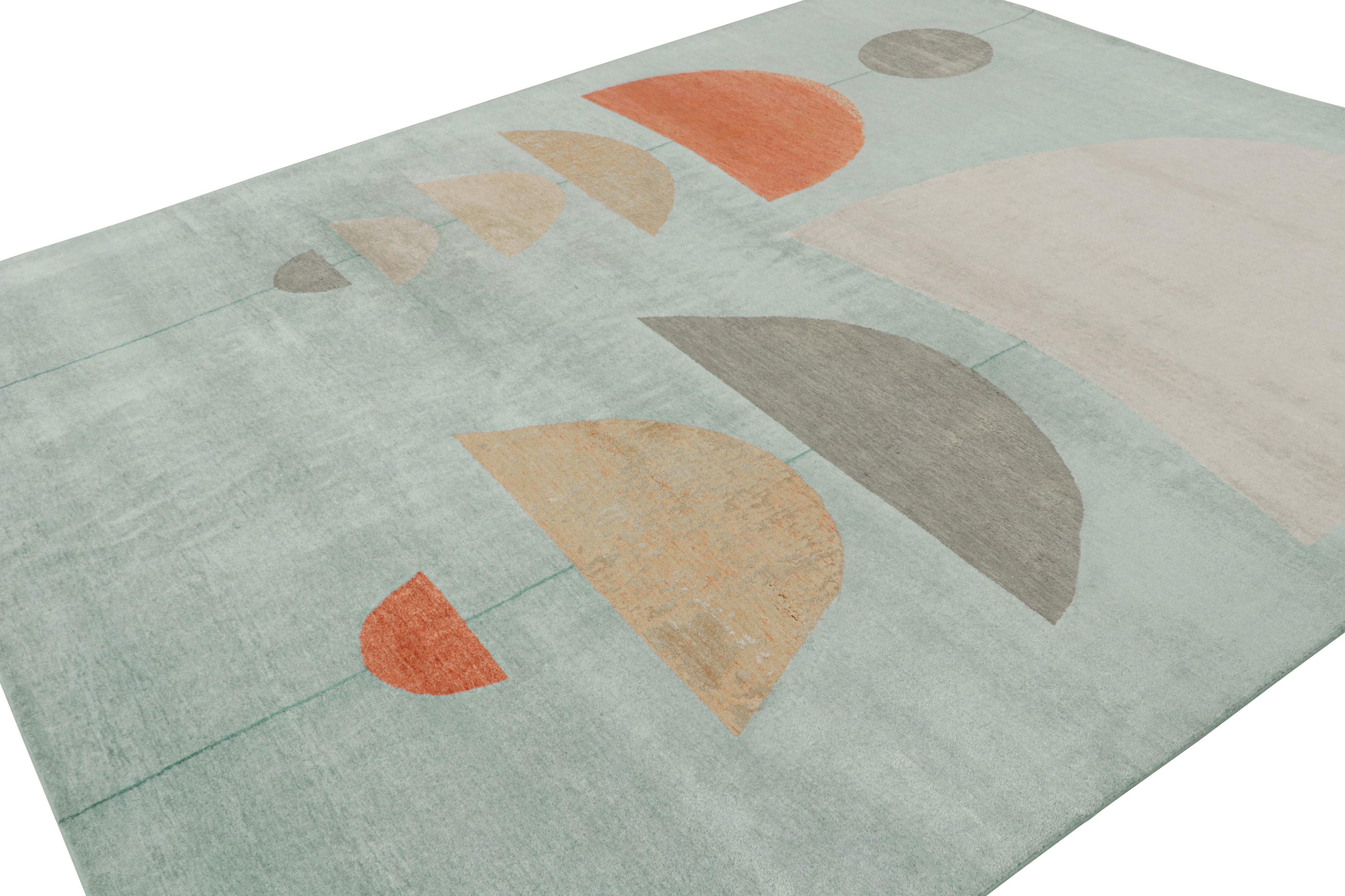 This 8x10 rug is from Rug & Kilim’s Mid-Century Modern collection in collaboration with Jenn Ski—hand-knotted in wool and silk.

On the Design

Keen eyes will admire light blue underscoring multicolor geometric patterns in the atomic age style.