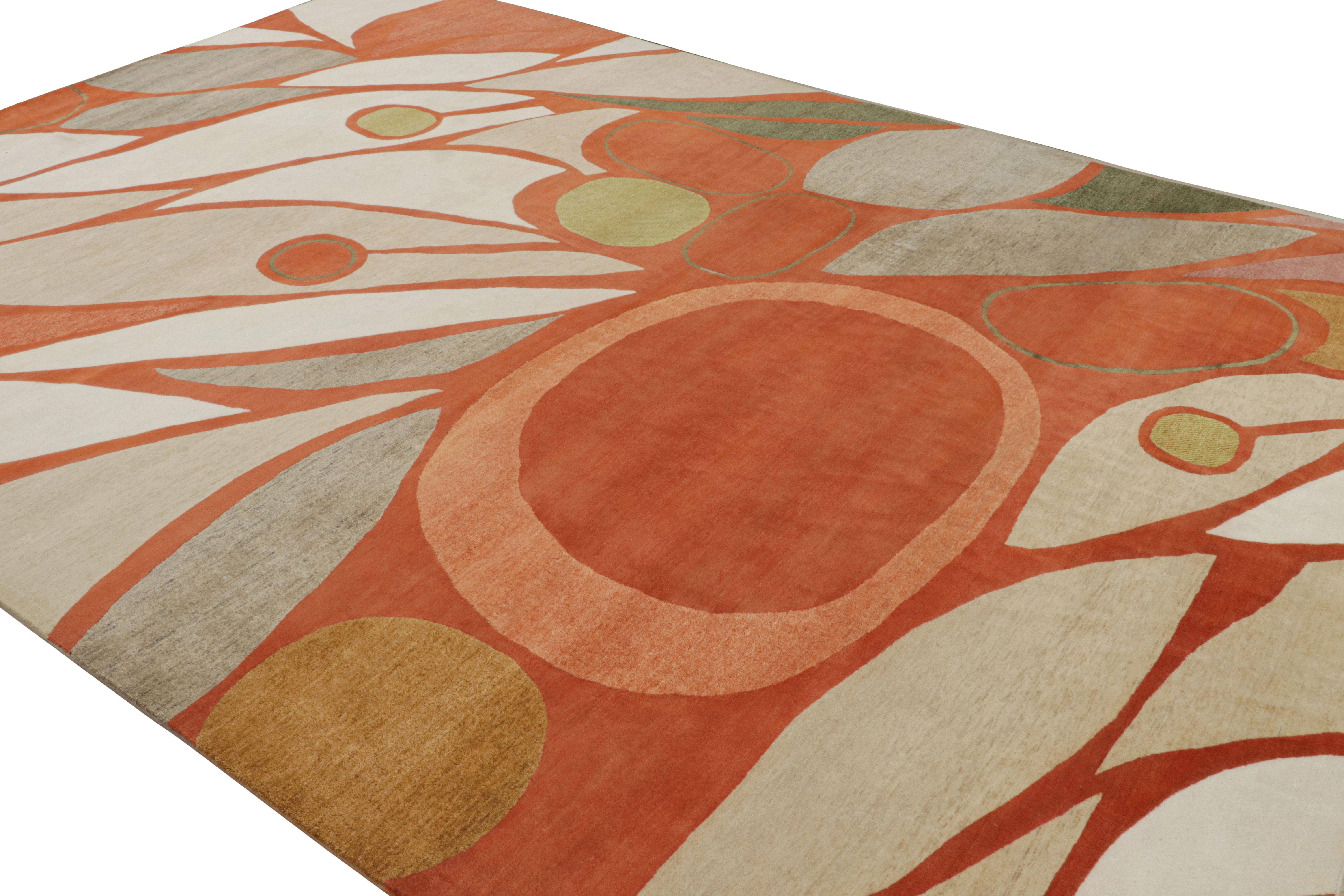 This 10x14 rug is from Rug & Kilim’s Mid-Century Modern collection in collaboration with Jenn Ski - handknotted in wool and silk

On the Design:

Keen eyes will observe blood orange underscoring a series of vibrant, finely drawn geometric patterns