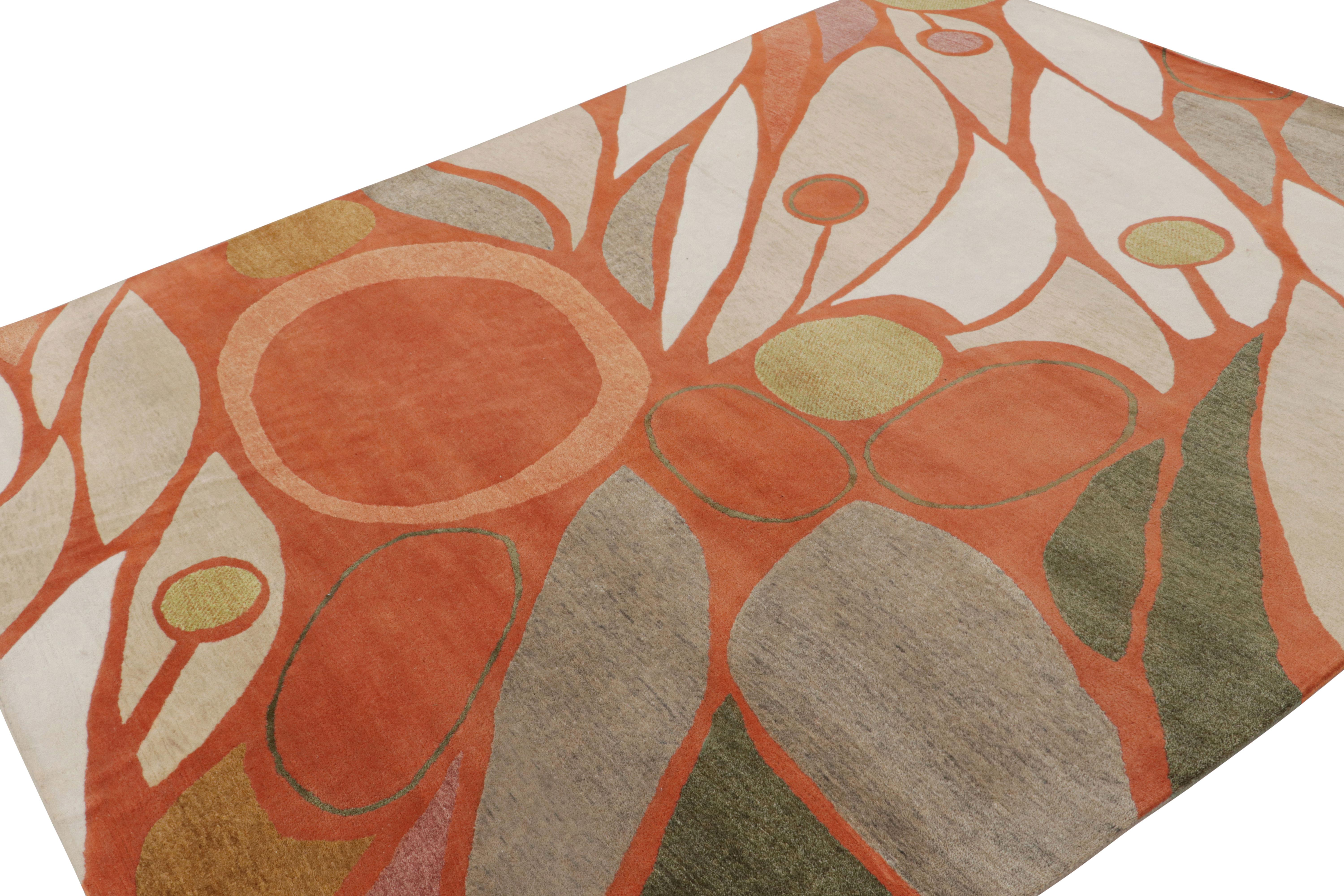 Rug & Kilim X Jenn Ski Orange Mid-Century Modern Rug with Geometric Patterns
Description:  This hand-knotted wool and silk  8x10 modern rug represents an exclusive design from Rug & Kilim’s Mid-Century Modern rug collection. A collaboration with