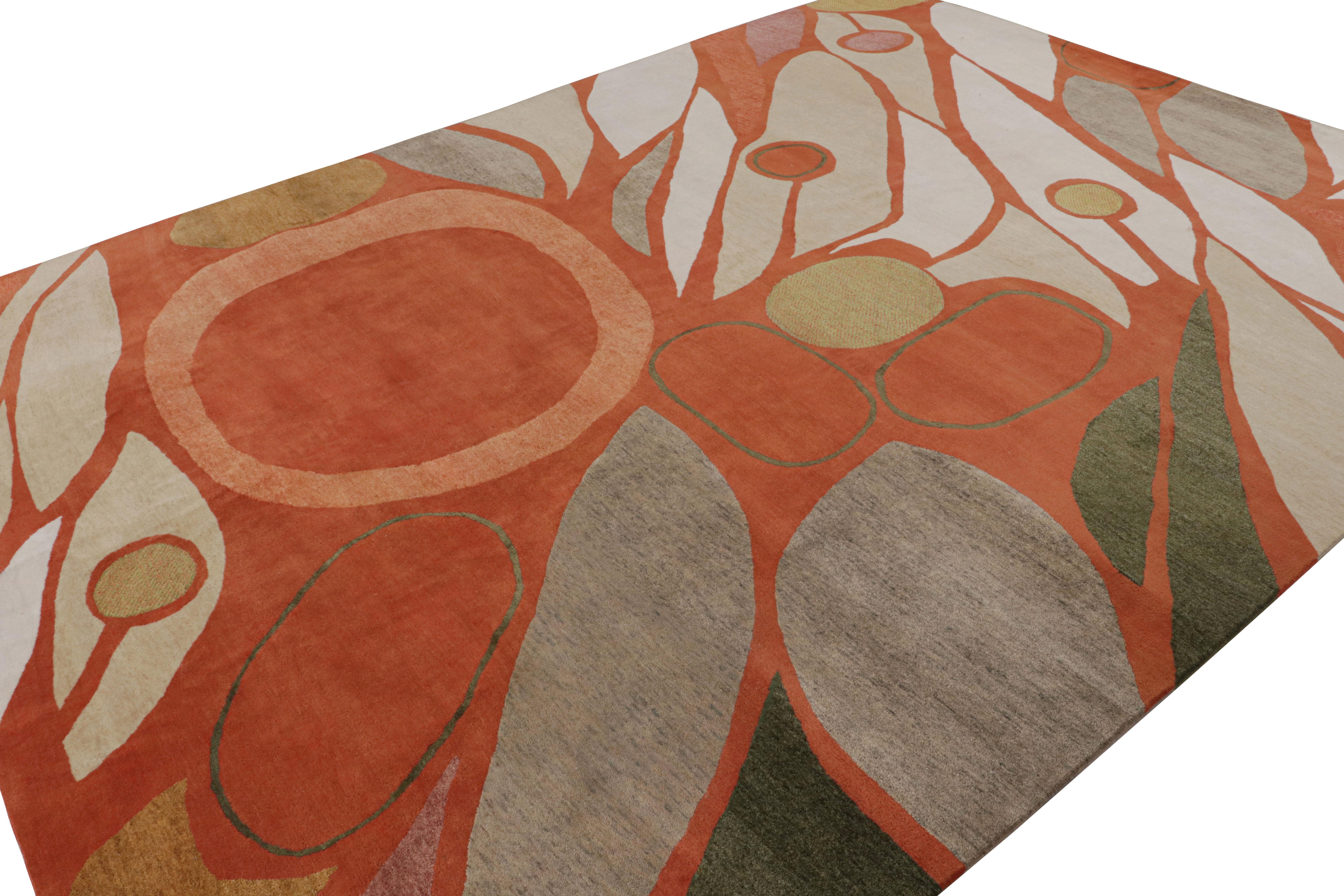 This hand-knotted wool and silk 9x12 modern rug represents an exclusive design from Rug & Kilim’s Mid-Century Modern rug collection. A collaboration with contemporary artist Jenn Ski, this piece is inspired by 1950s styles never-before represented