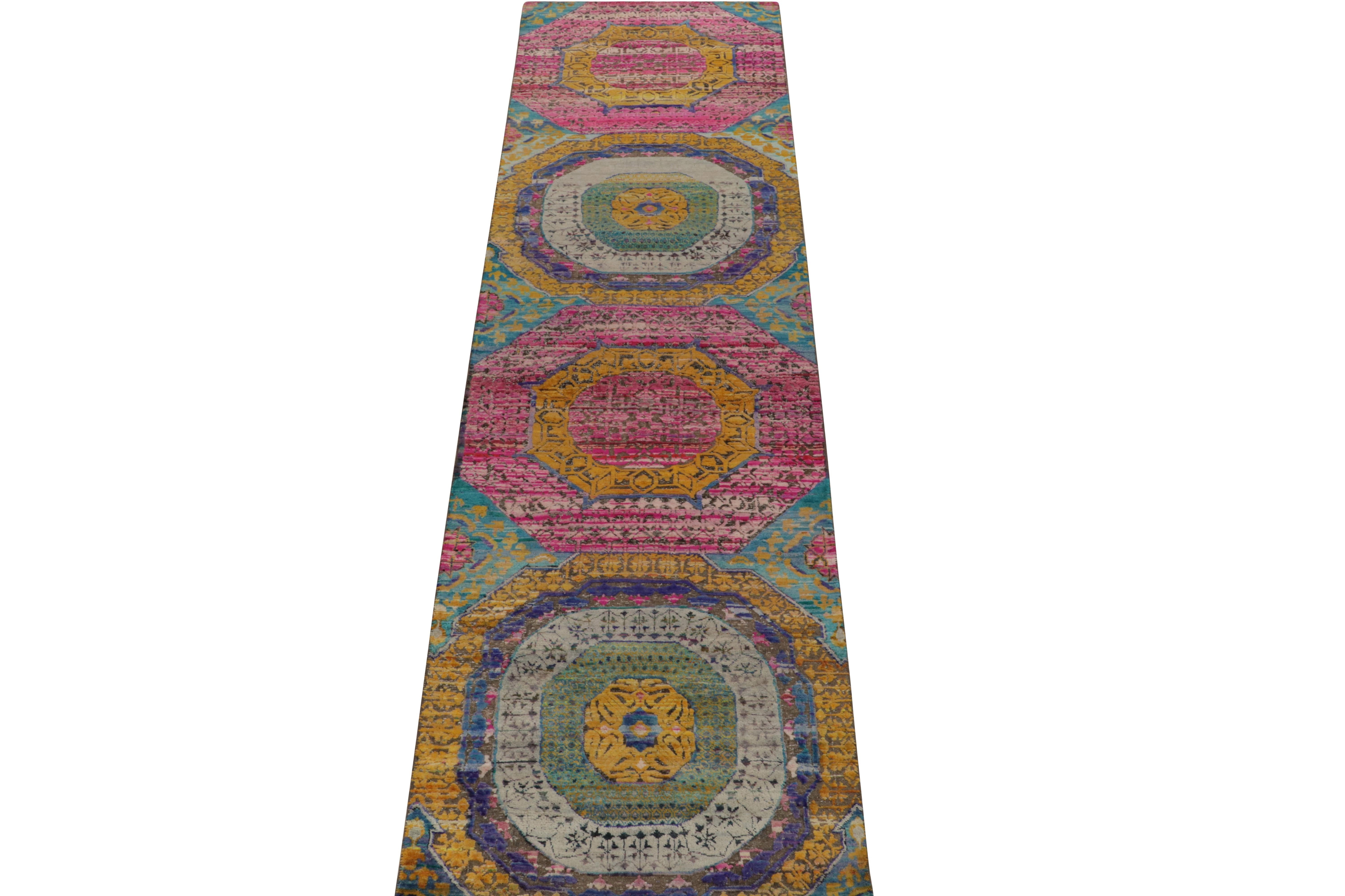 Indian Rug & Kilim’s 17th-Century Classic Style Runner in Gold, Pink & Blue Medallions For Sale