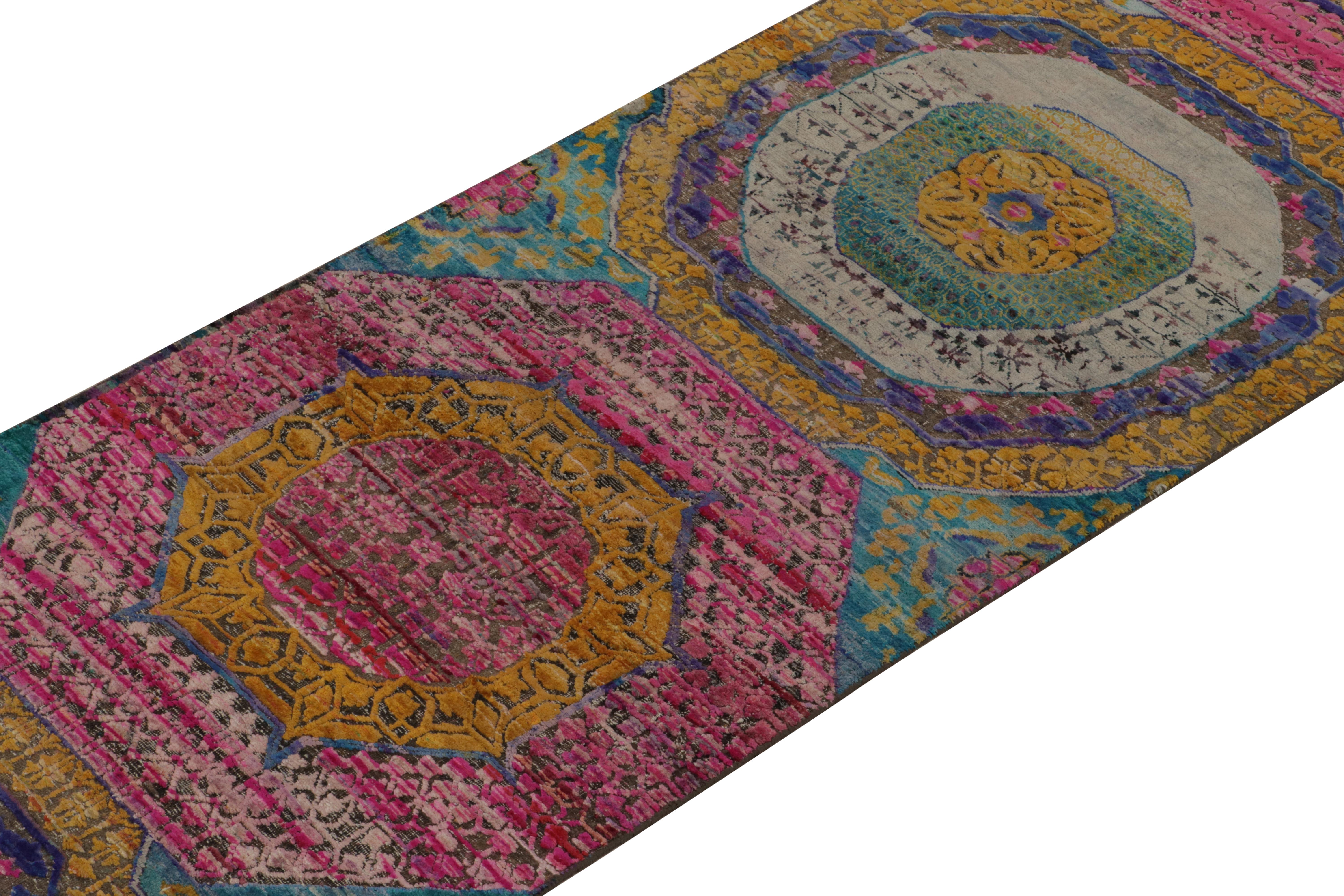 Hand-Knotted Rug & Kilim’s 17th-Century Classic Style Runner in Gold, Pink & Blue Medallions For Sale