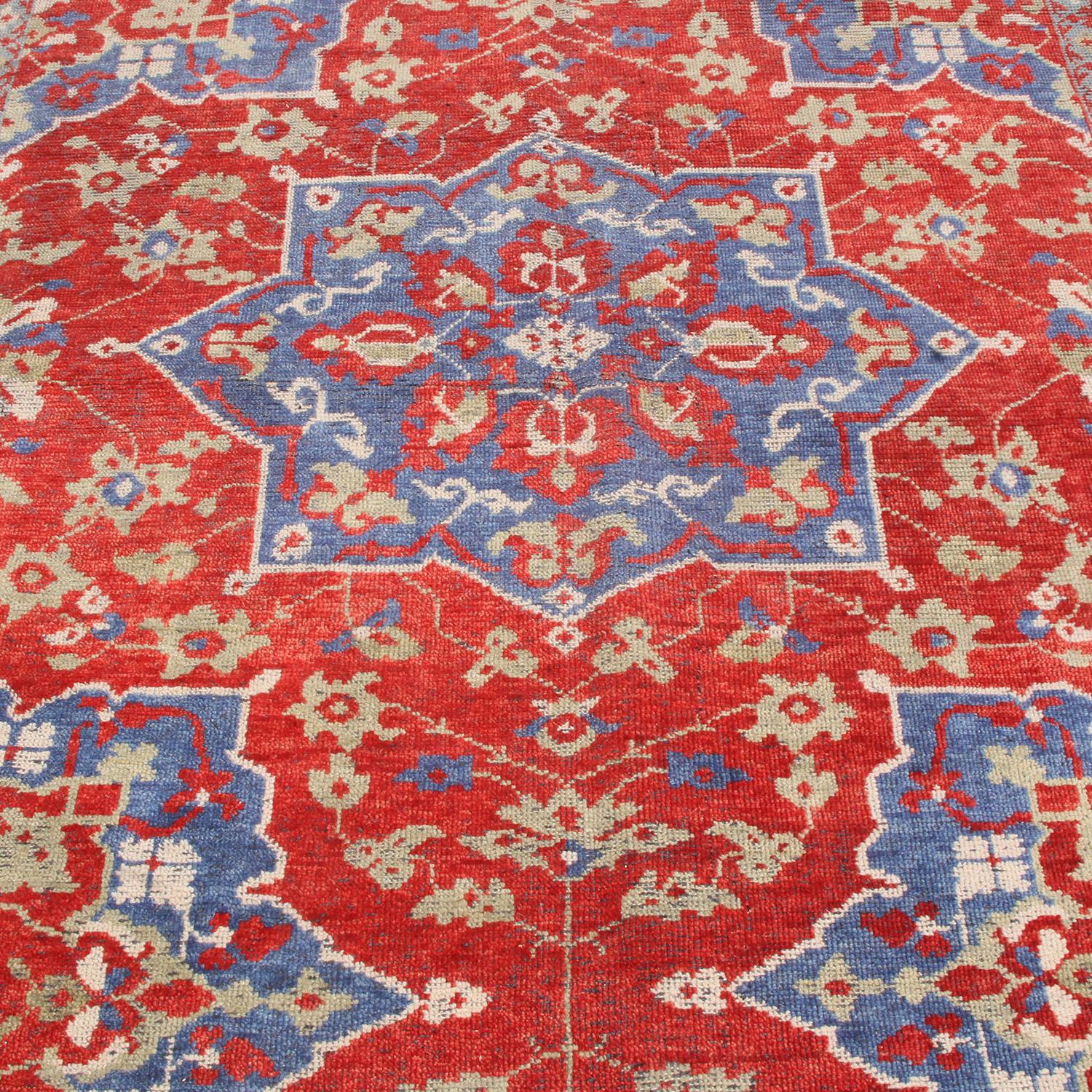 Indiano Rug & Kilim's 17th-Century Oushak Style Geometric Red Beige and Blue Wool Rug in vendita