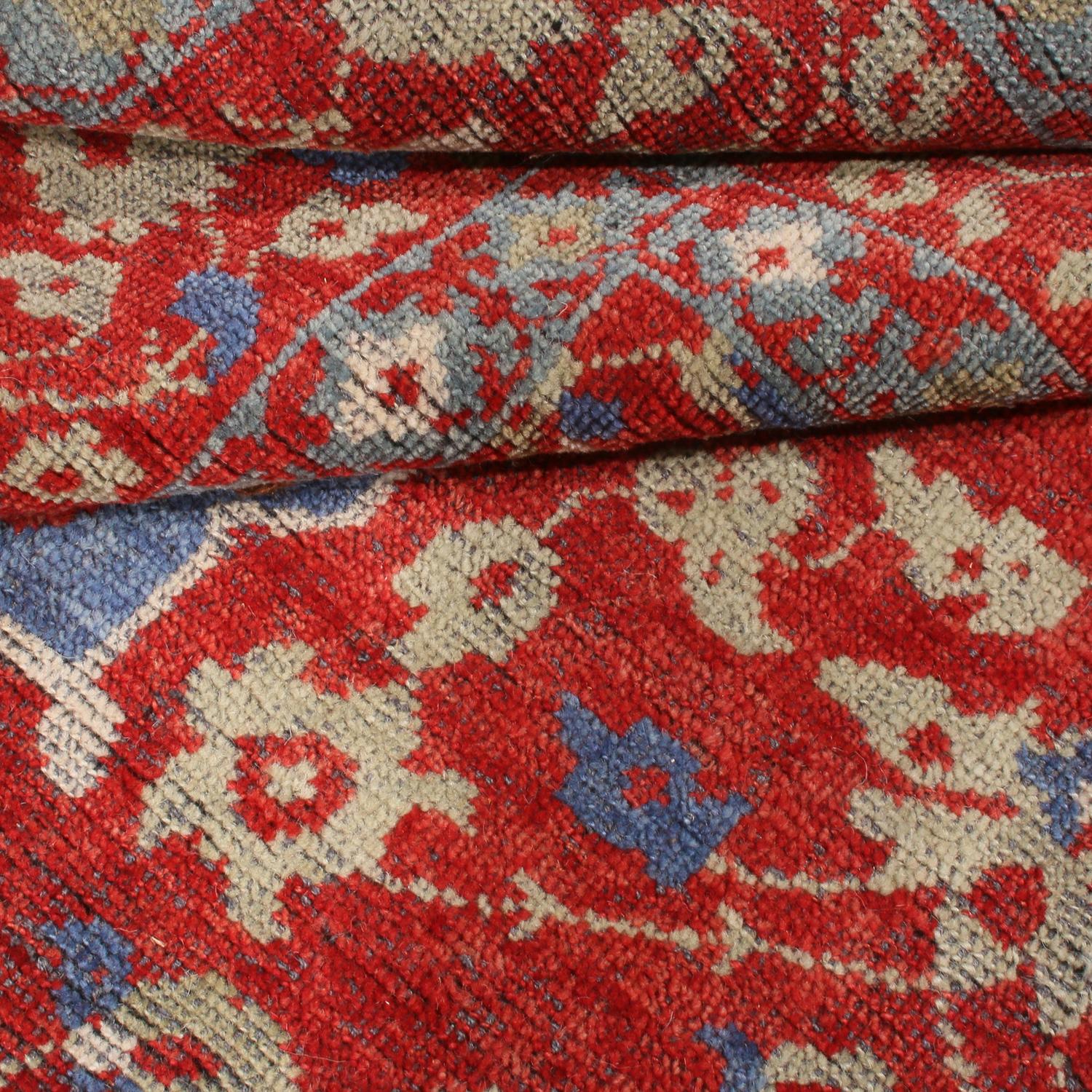 Lana Rug & Kilim's 17th-Century Oushak Style Geometric Red Beige and Blue Wool Rug in vendita