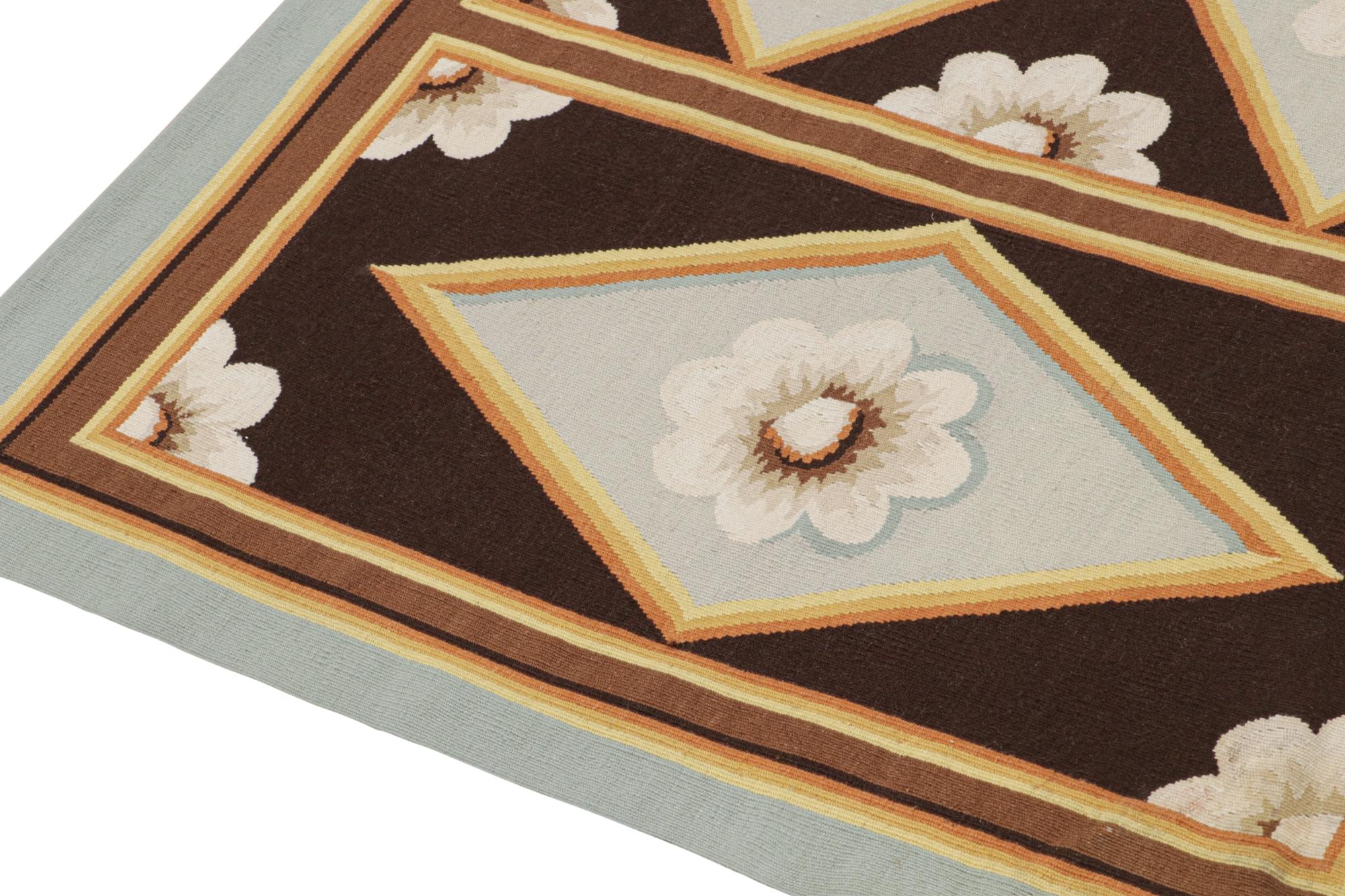 Contemporary Rug & Kilim’s 18th Century Aubusson Style in Brown and White Floral Patterns For Sale