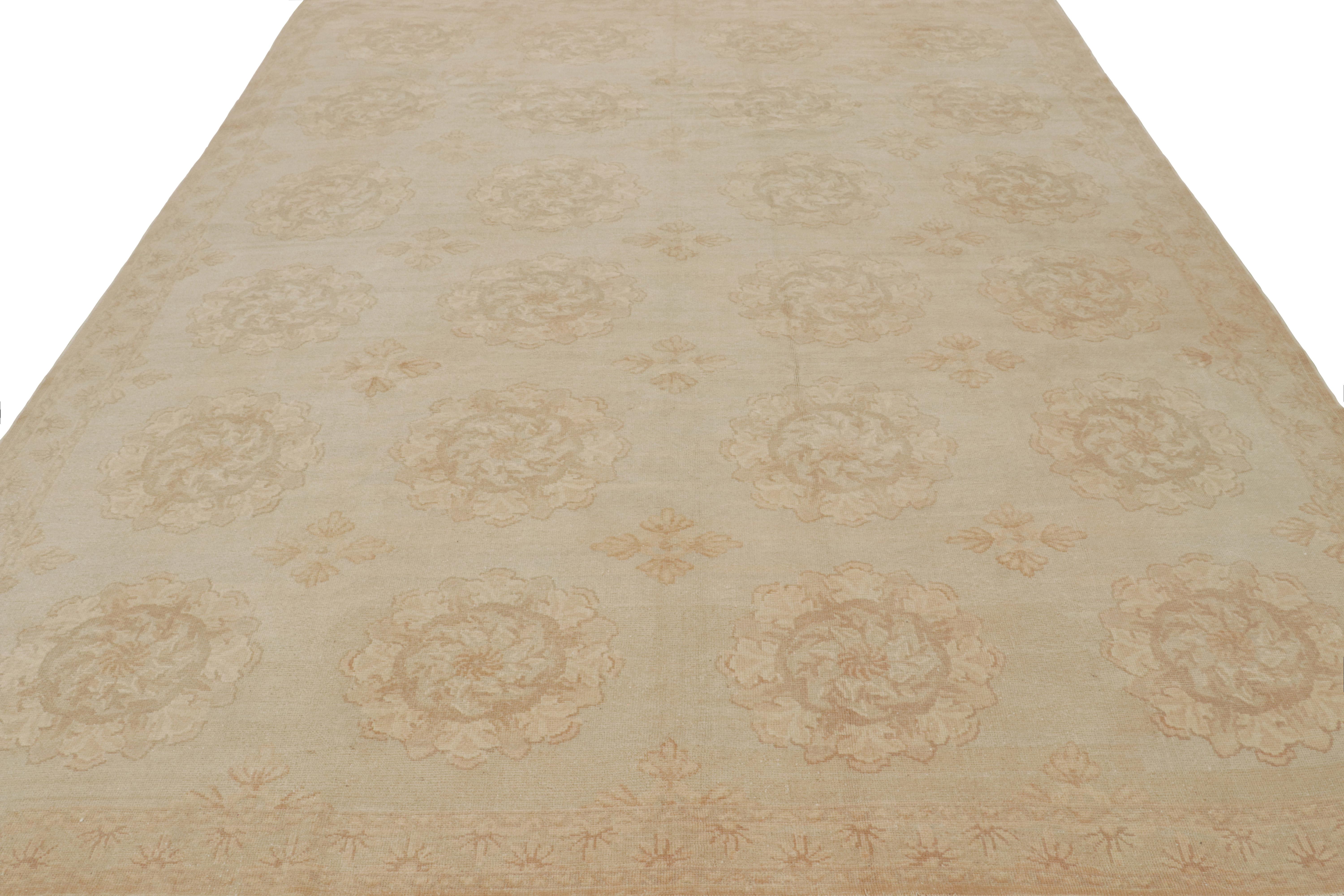 Aubusson Rug & Kilim’s Contemporary European Style Rug with Beige-Brown Floral Medallions For Sale