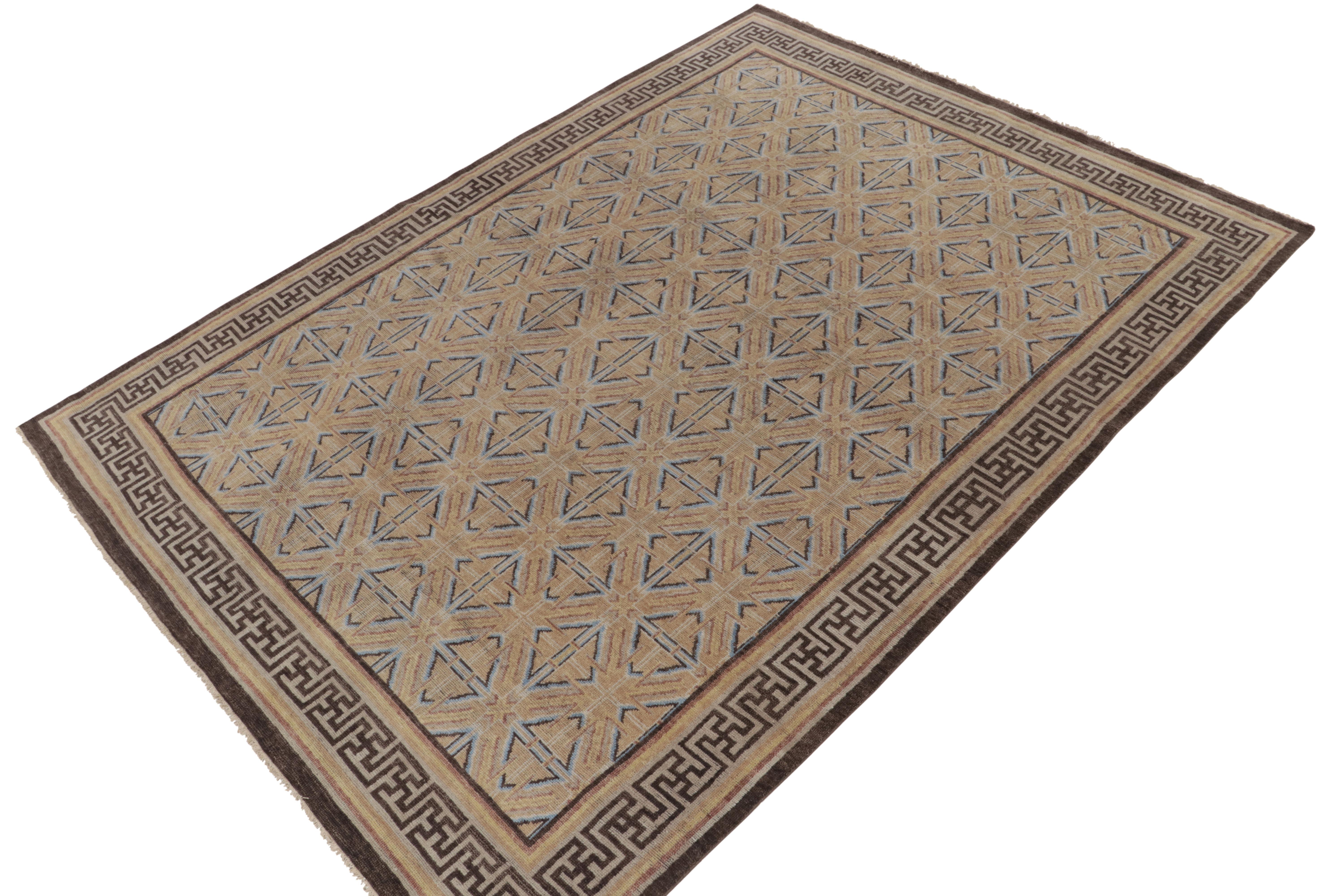 Hand-knotted in the softest quality wool, this 9x12 rug joins the classic styles of our Burano collection. Particularly inspired by the 18th century Chinese dynastic pieces, the deco style diamond pattern rejoices in a muted blue and gold on