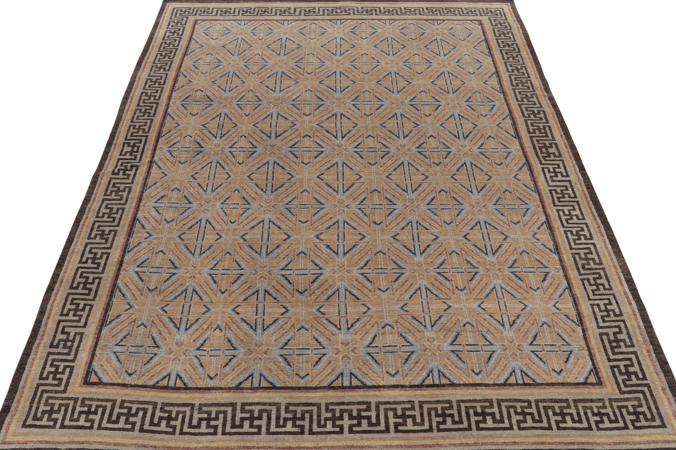 Indian Rug & Kilim’s 18th Century Chinese Style Rug in Beige-Brown and Blue Patterns For Sale
