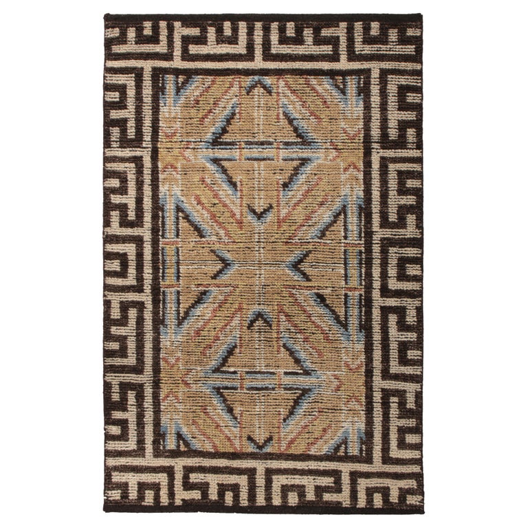 Rug & Kilim's 18th Century Chinese Style Rug in Beige Brown Geometric Pattern For Sale