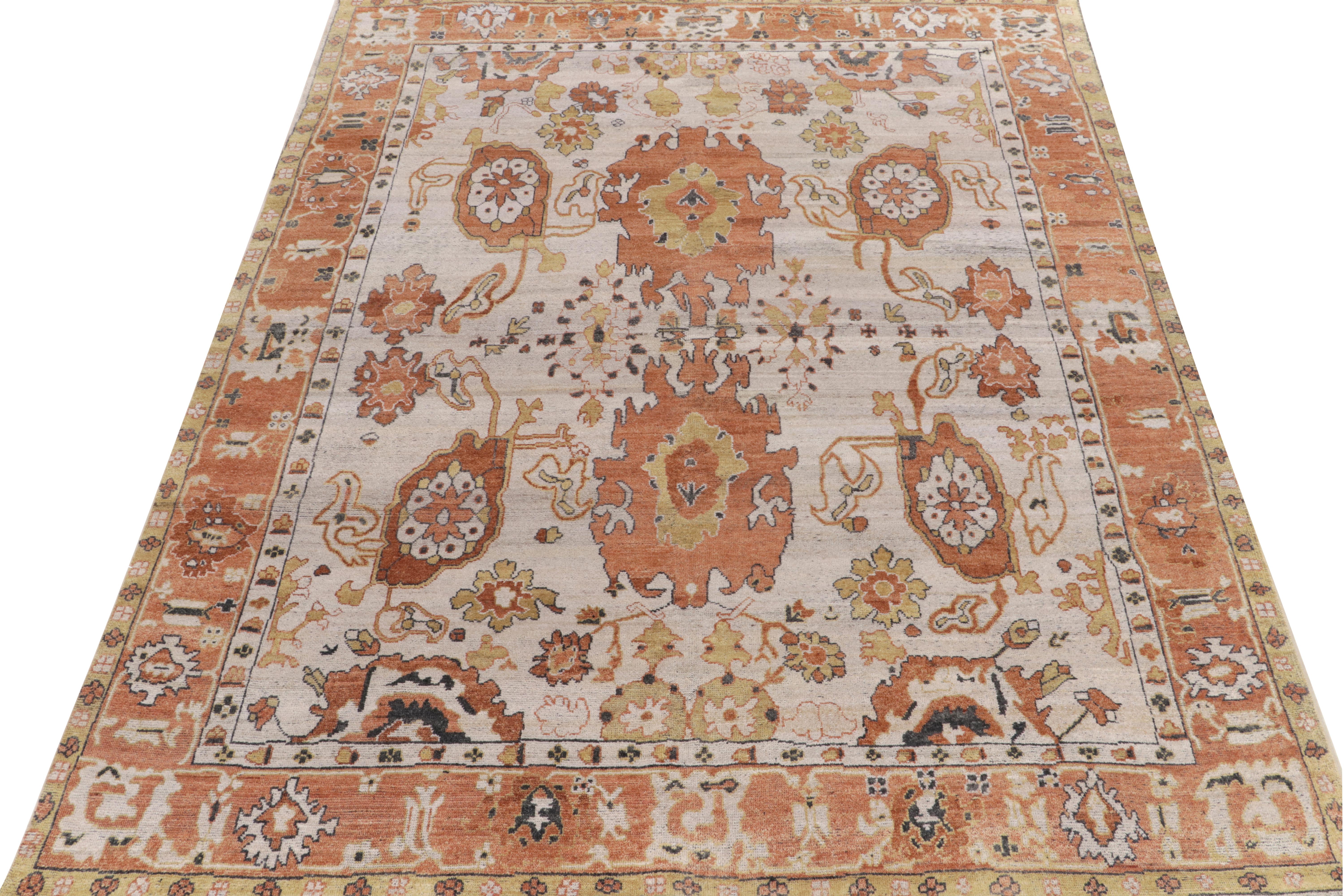Tribal Rug & Kilim's 1900s Oushak Style Rug in White, Orange and Gold Floral Pattern For Sale