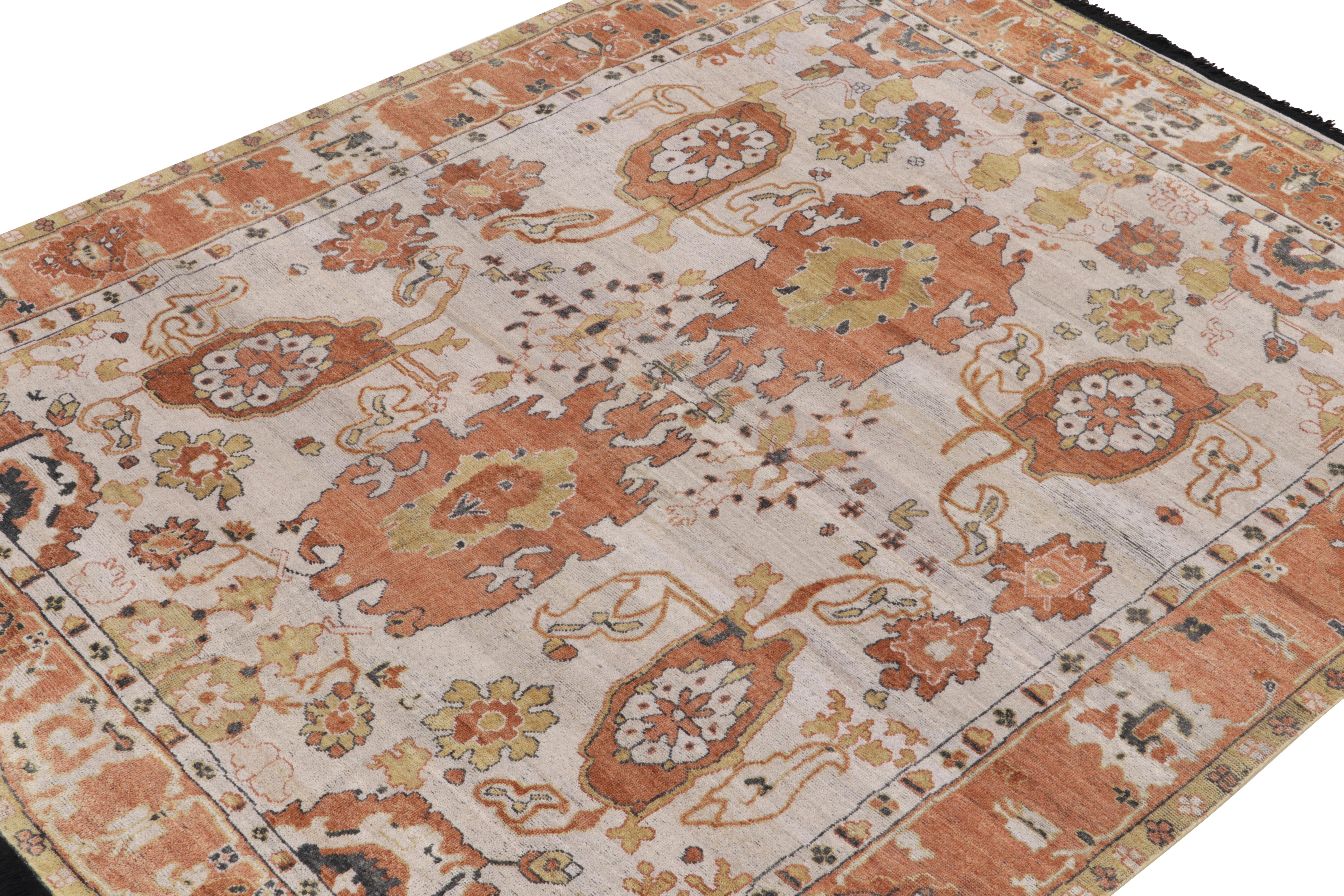 Indian Rug & Kilim's 1900s Oushak Style Rug in White, Orange and Gold Floral Pattern For Sale