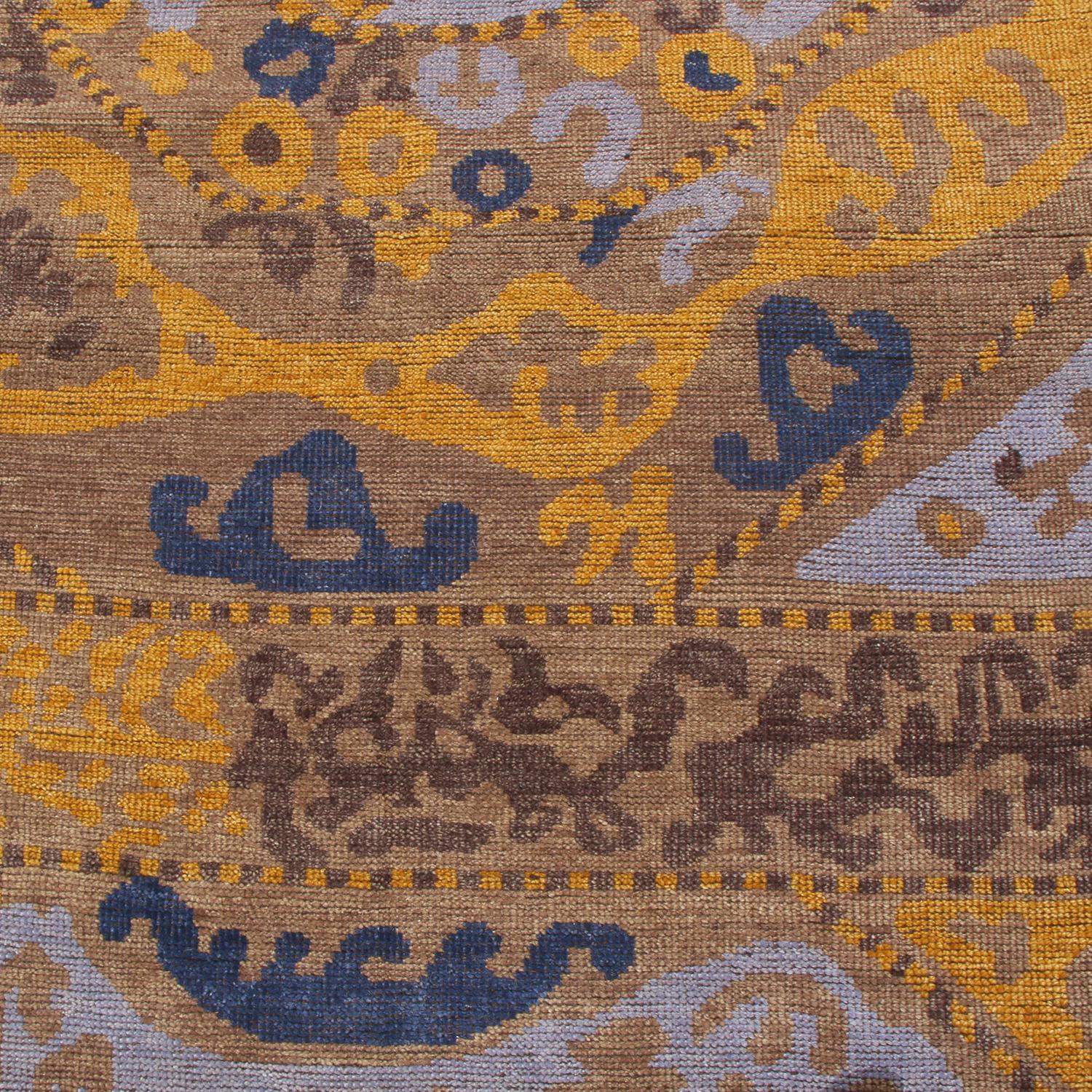 Hand-Knotted Rug & Kilim's 19th-Century Azerbaijan Embroidery Style Beige Gold and Blue Rug For Sale