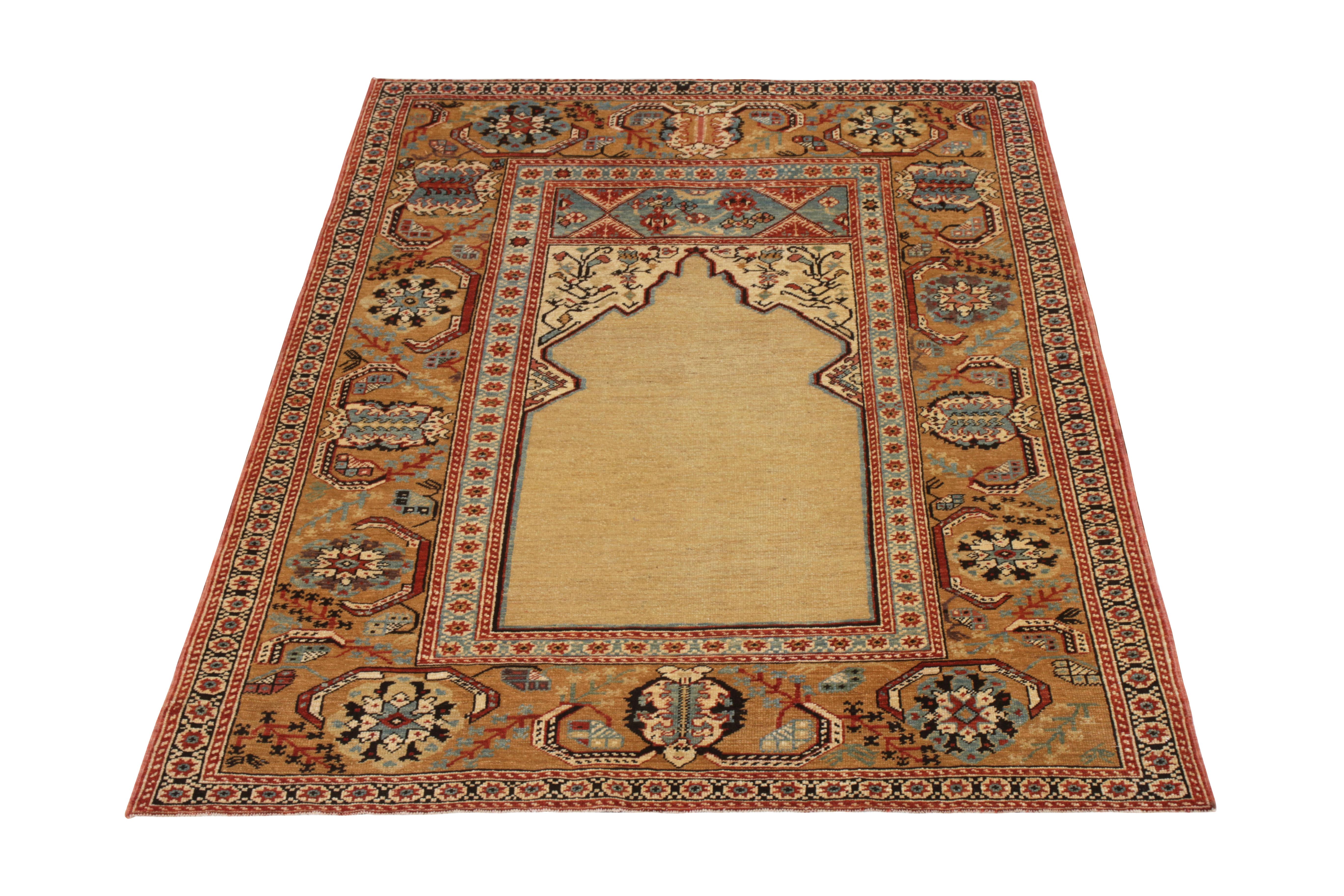 A 4x5 mode to 19th-century rug styles in beige and gold from Rug & Kilim’s Modern Classics collection. Hand-knotted in wool, an exemplary modern piece from the works of George Ravmamovich, recapturing regal floral patterns. 

On the design: This