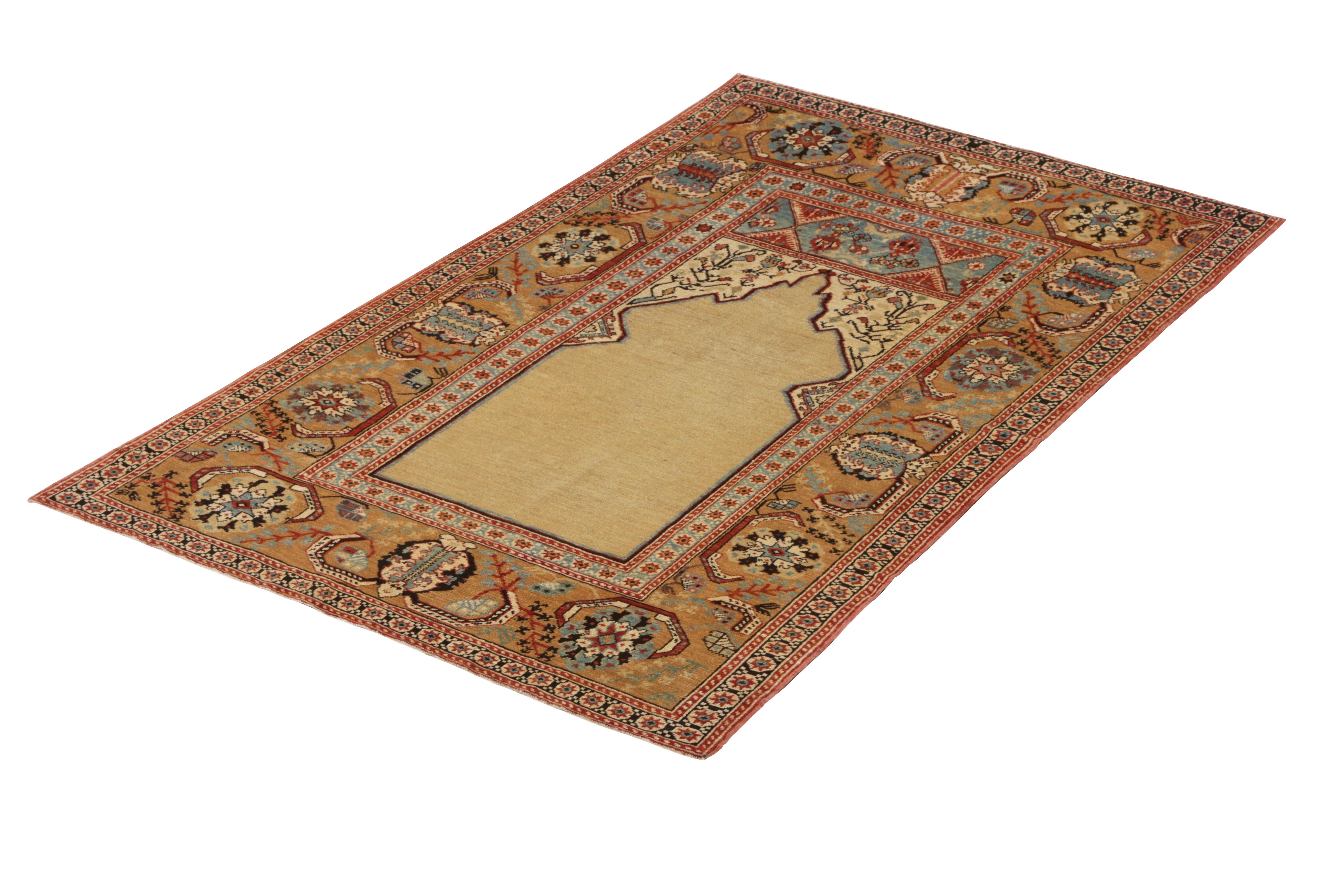 Tribal Rug & Kilim’s 19th Century Style Rug in Beige Gold and Blue Floral Pattern For Sale
