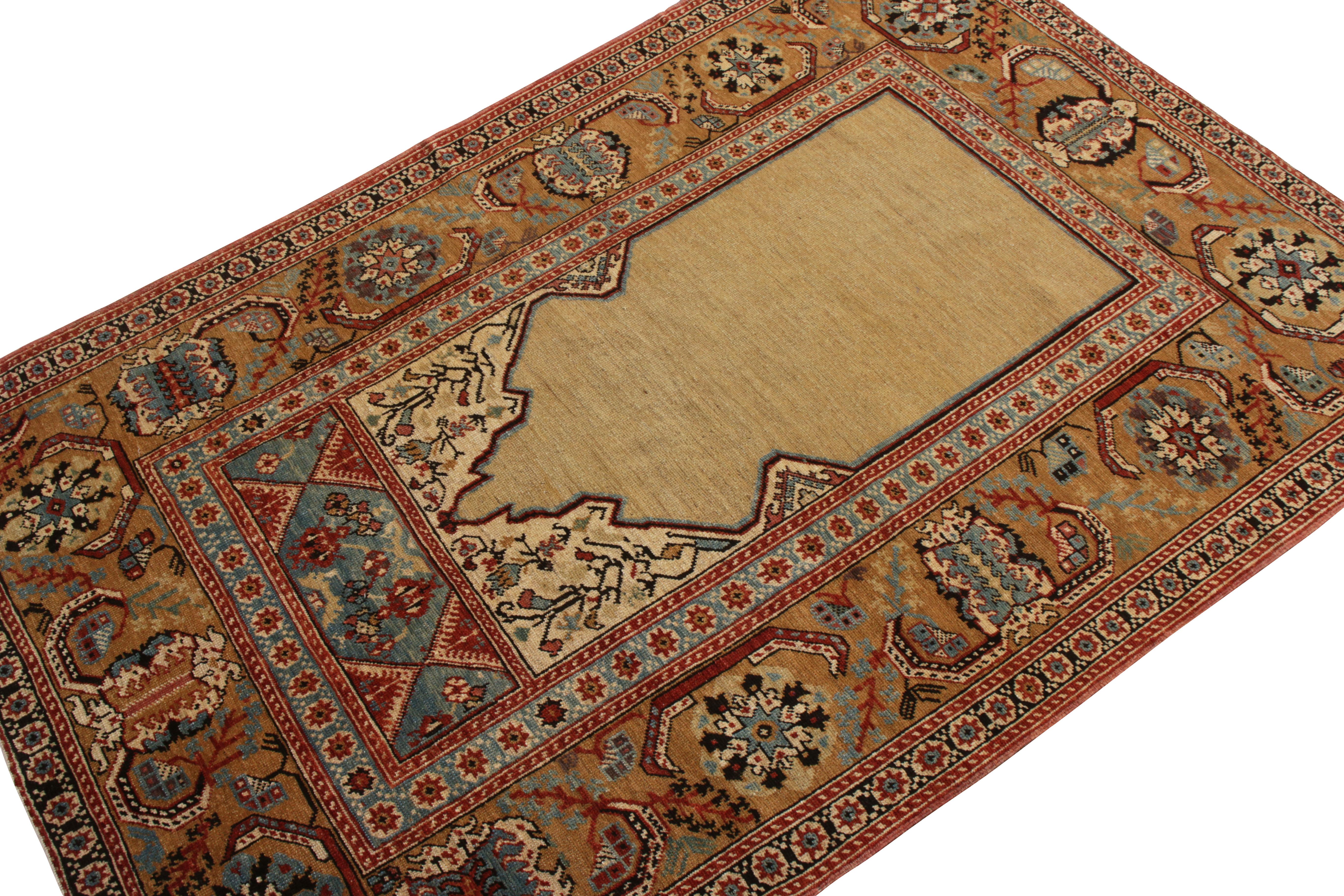 Turkish Rug & Kilim’s 19th Century Style Rug in Beige Gold and Blue Floral Pattern For Sale