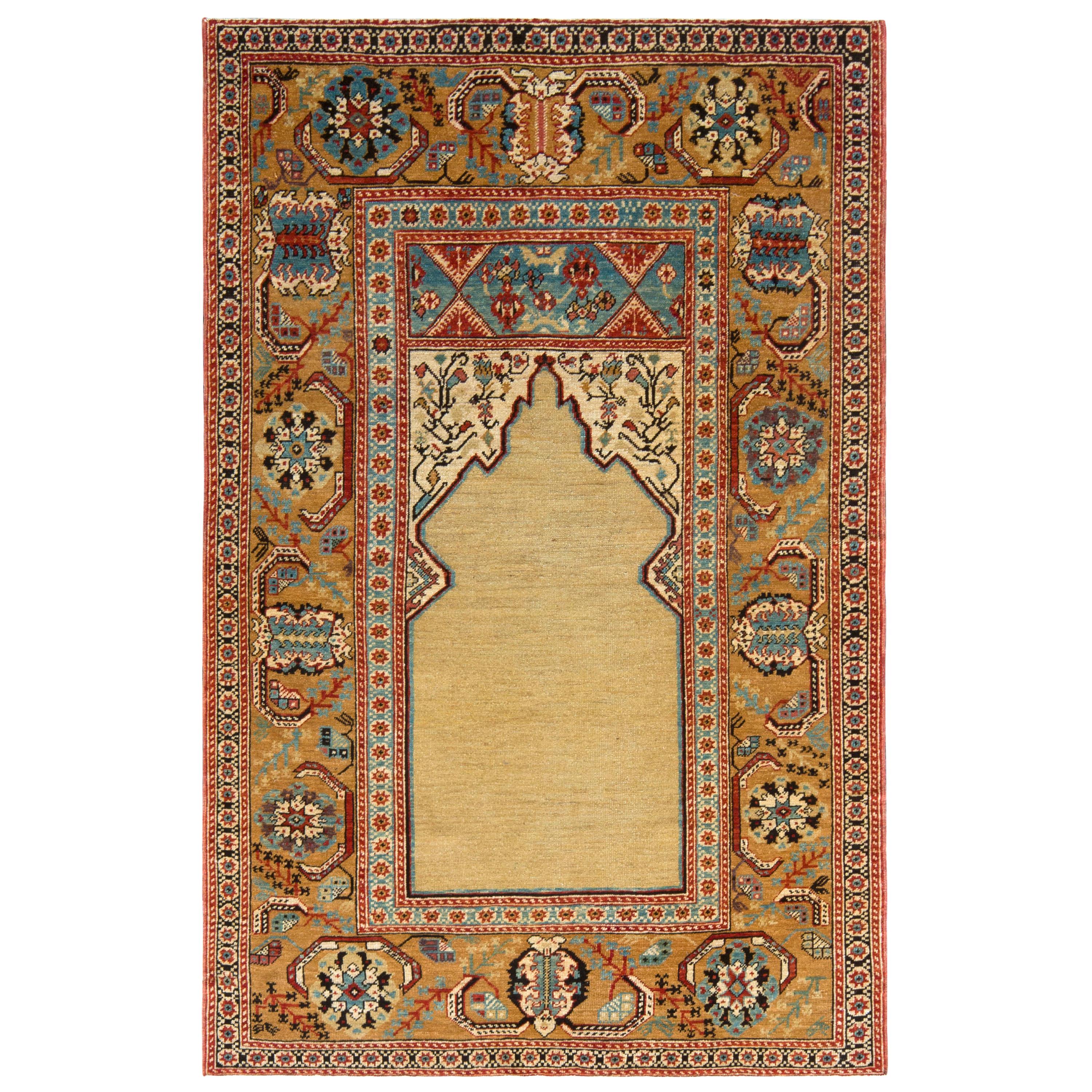 Rug & Kilim’s 19th Century Style Rug in Beige Gold and Blue Floral Pattern For Sale