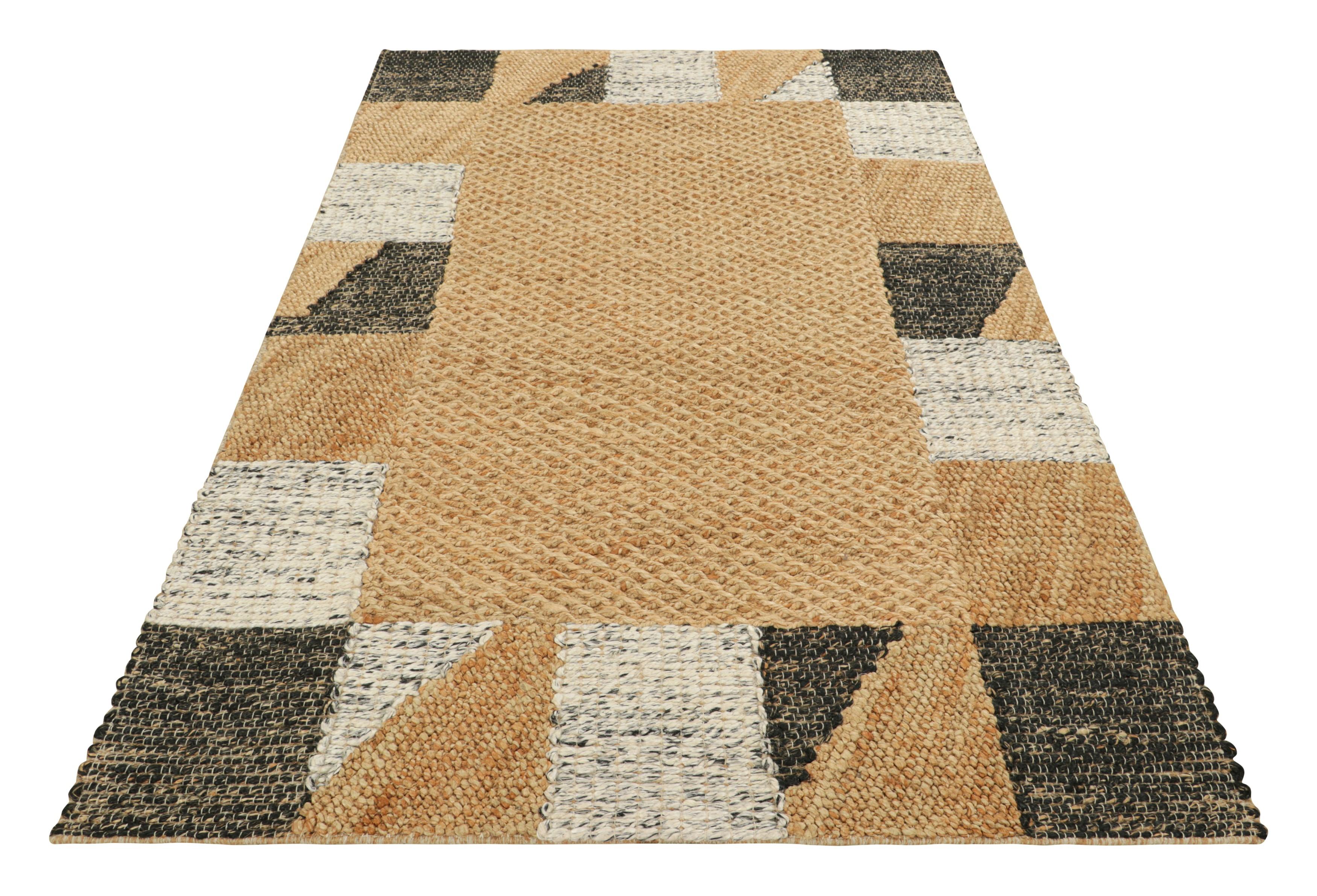 Indien Tapis & Kilim's Abstract Flatweave in Beige Open Field with Geometric Border (Tissage plat abstrait en beige avec bordure géométrique) en vente