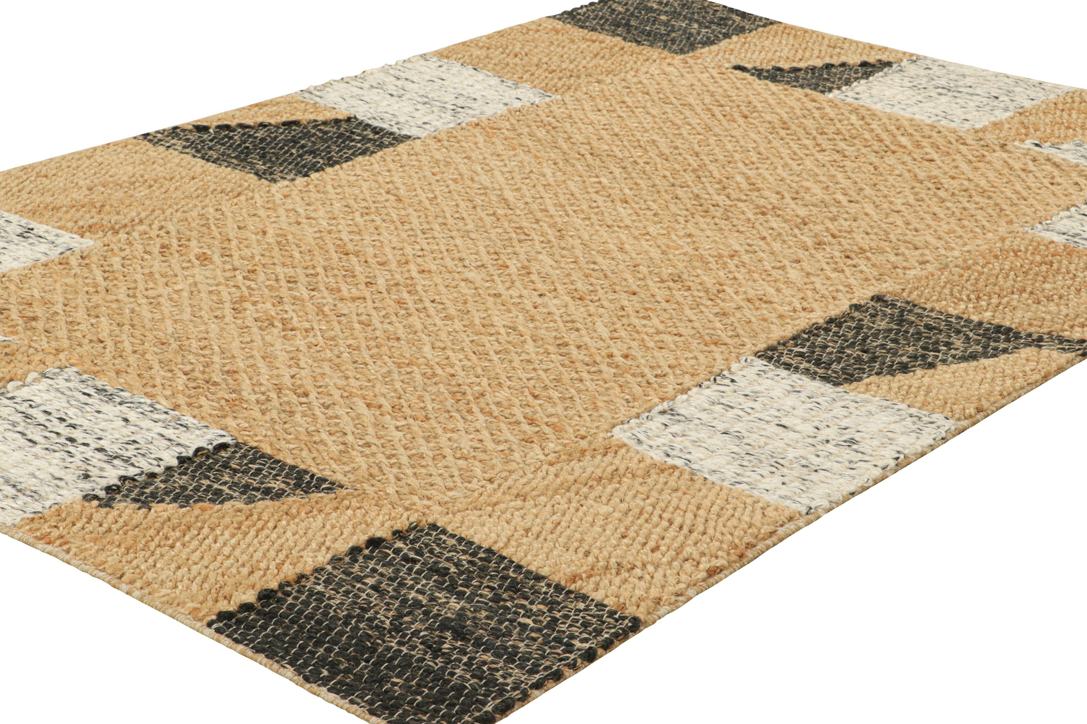 Tissé à la main Tapis & Kilim's Abstract Flatweave in Beige Open Field with Geometric Border (Tissage plat abstrait en beige avec bordure géométrique) en vente