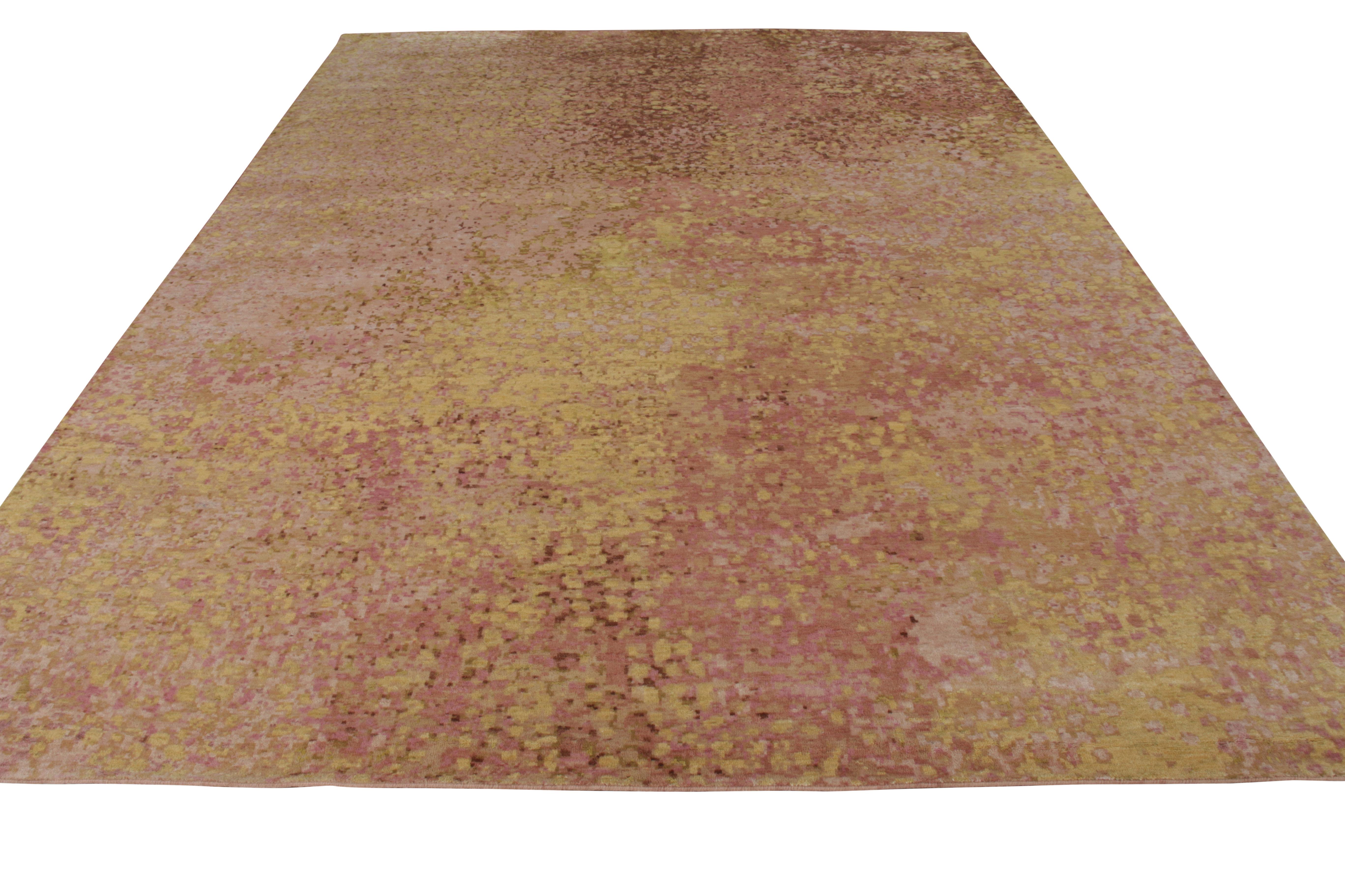 A 9 x 12 abstract rug in pink and gold, from the new Dots Collection by Rug & Kilim. Hand knotted in wool, enjoying a modern take on layered patterns for a unique look of dimensionality and movement.

On the design: This particular dots rug