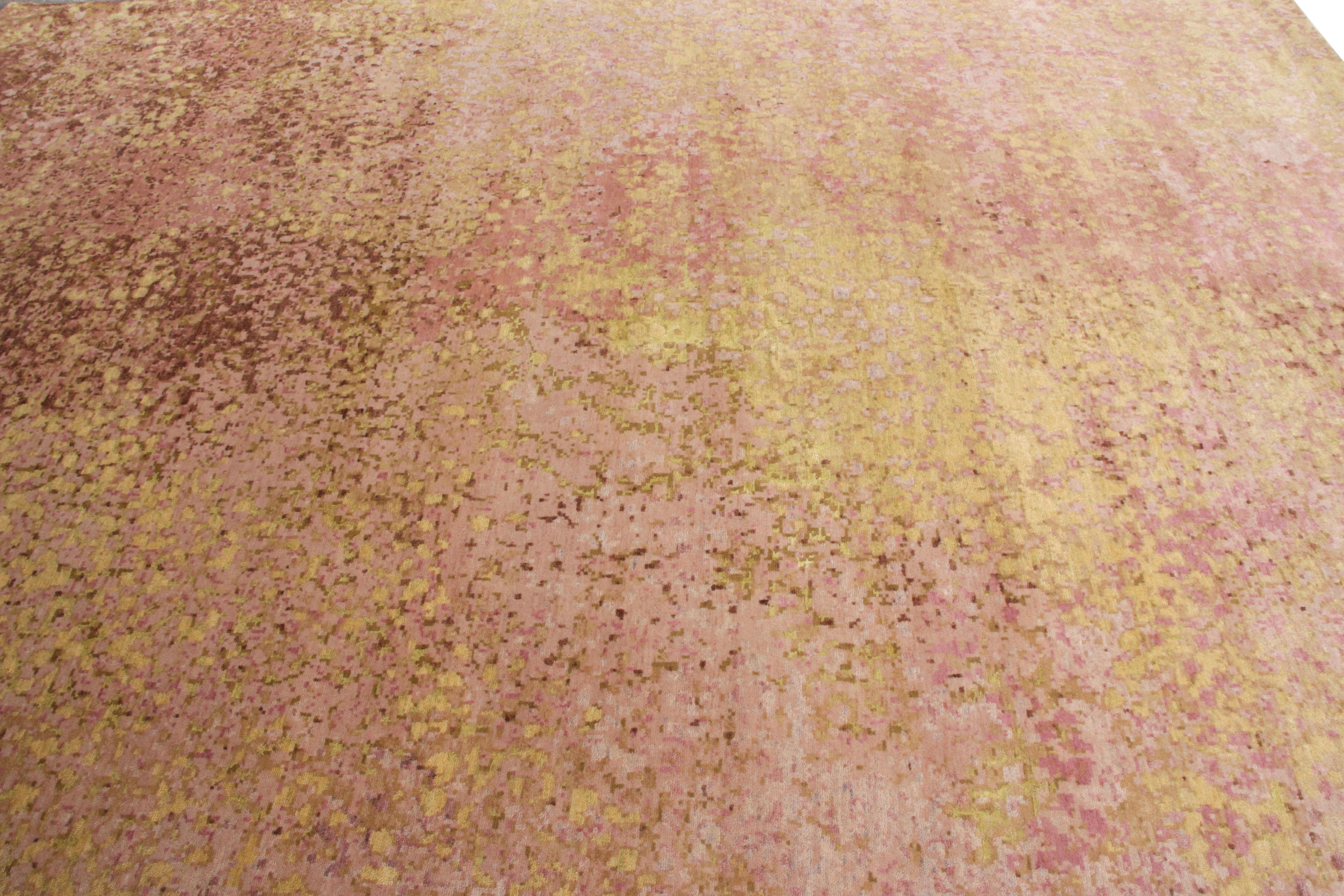 Indian Rug & Kilim’s Abstract Modern Rug in Pink and Gold All Over Dots Pattern For Sale