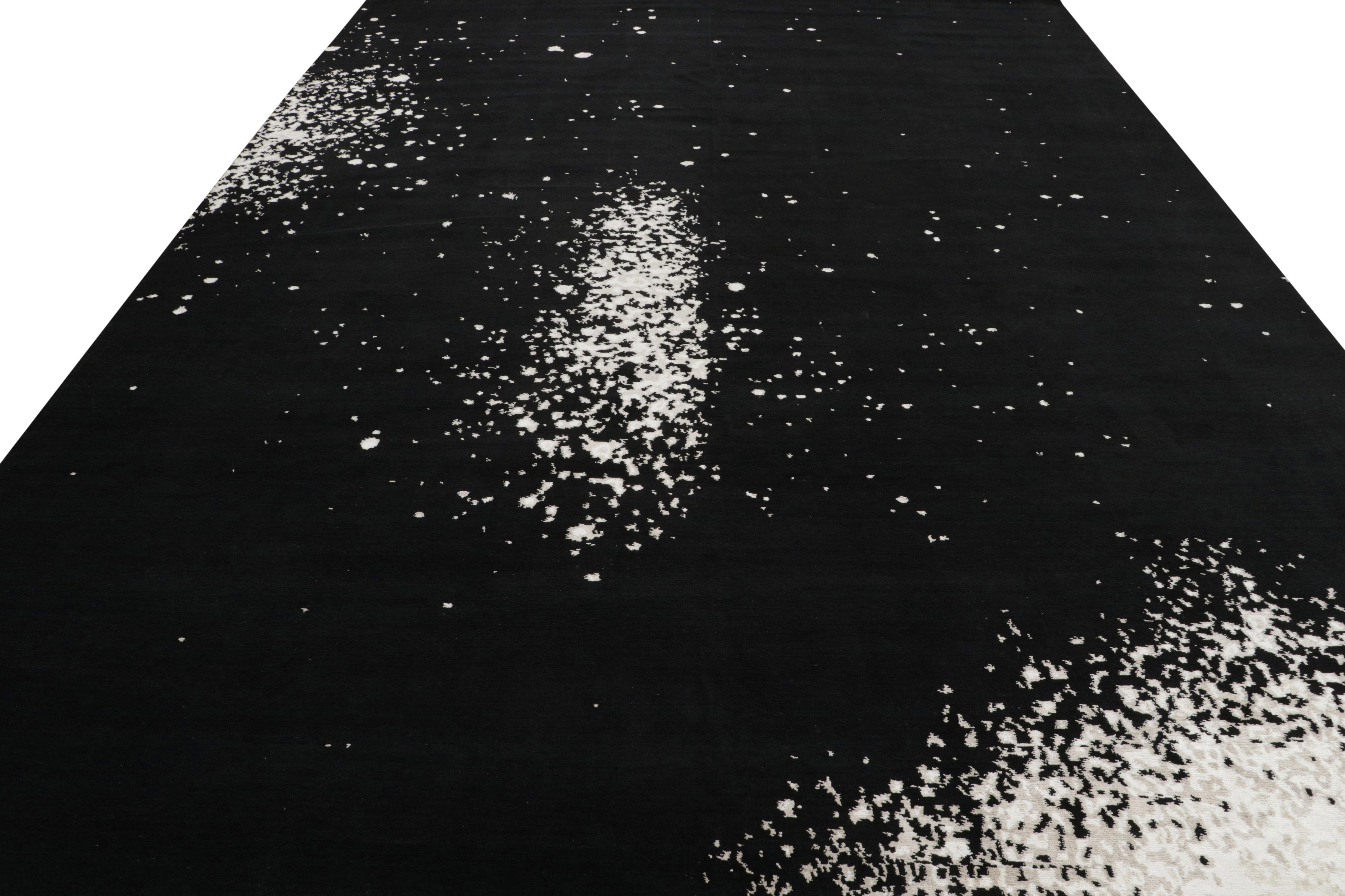 Nepalese Rug & Kilim’s Abstract Rug in Black With White Painterly Patterns – “Milky Way” For Sale