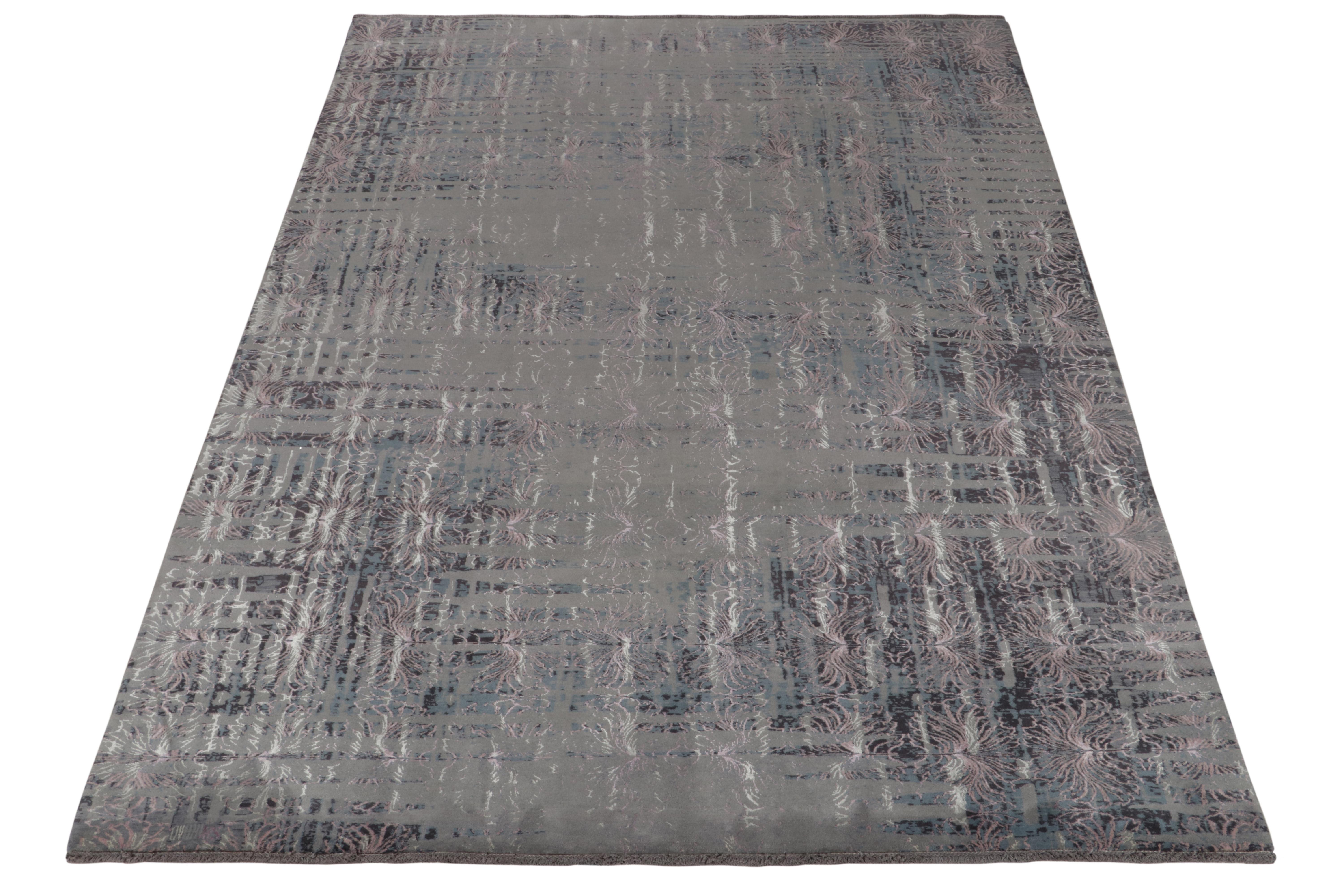 From one of the finest workshops in modern weaving among our principal’s favorite partner ateliers, a fabulous contemporary piece enjoying impeccable texturability. The brilliantly modern piece employs unusual tones of blue, gray & pink for a bold