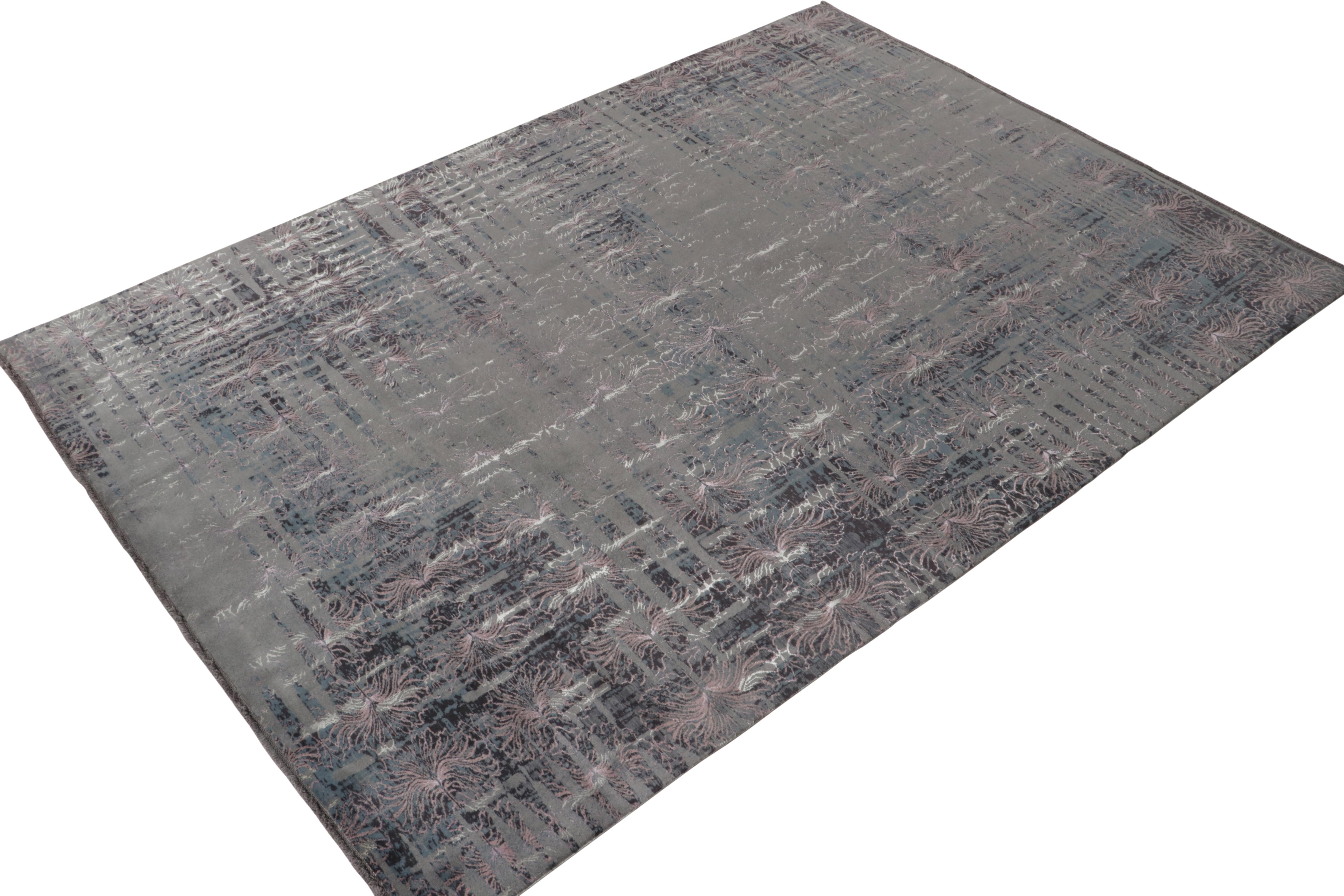 Modern Rug & Kilim’s Abstract Rug in Blue and Grey, Subdued Pink Floral Patterns For Sale