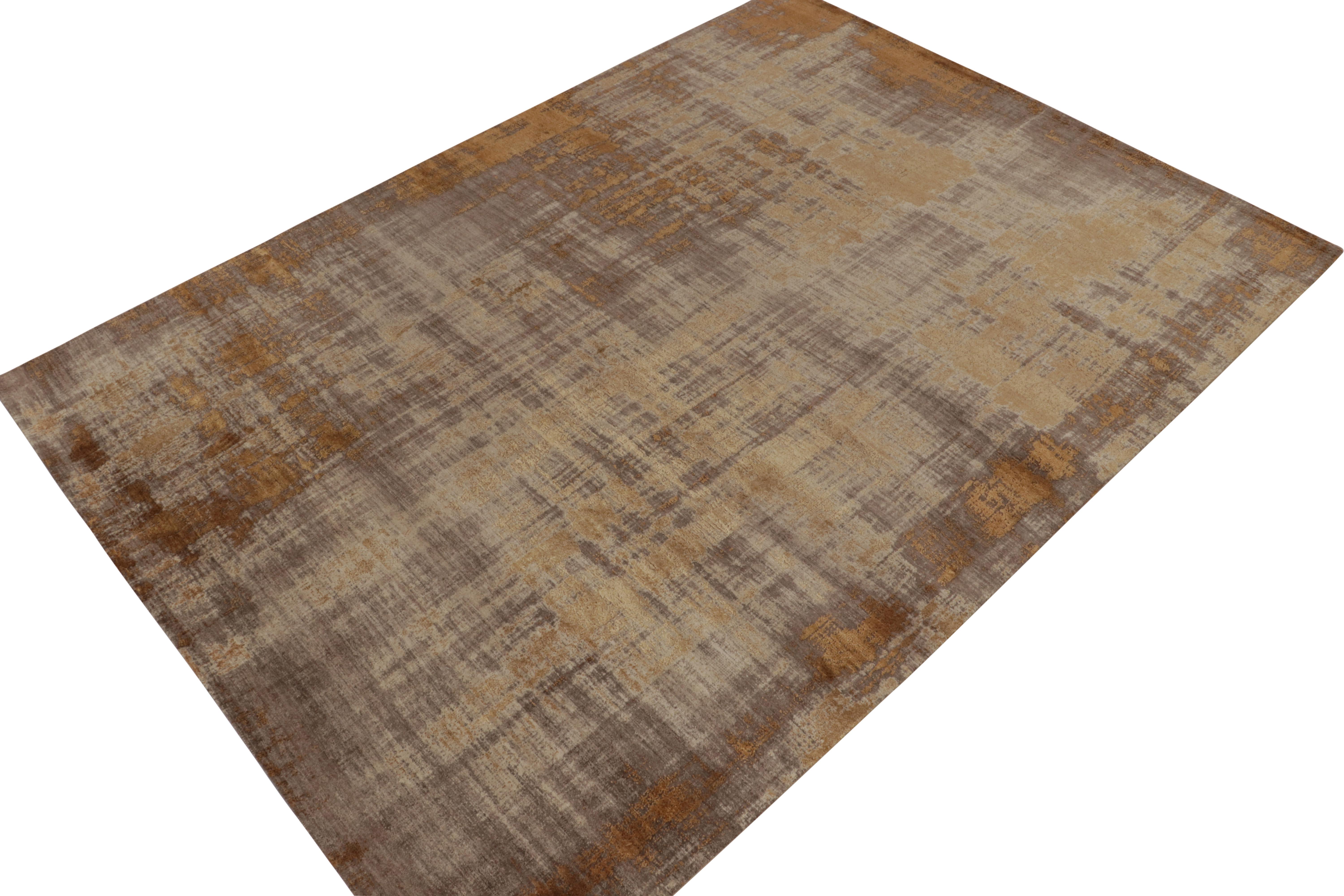 From Rug & Kilim’s boldest New & Modern selections, a 9x12 abstract rug hand-knotted in a luxurious wool & silk blend. 

The design exemplifies painterly sensibilities in geometry of regal tones, from copper brown to gold and gray. Keen eyes will