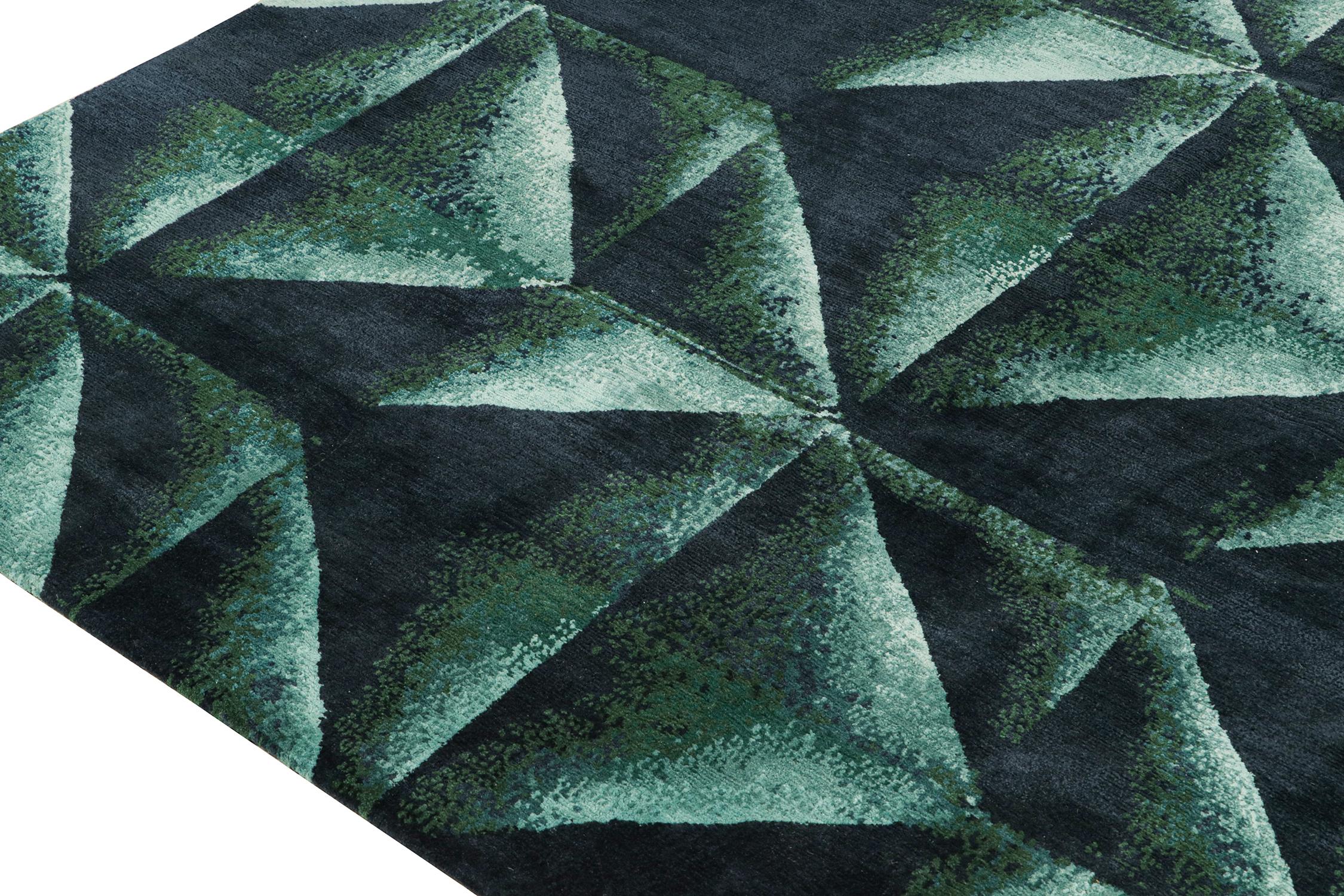 Hand-Knotted Rug & Kilim’s Abstract Rug in Deep Teal and Black Origami Style Pattern For Sale