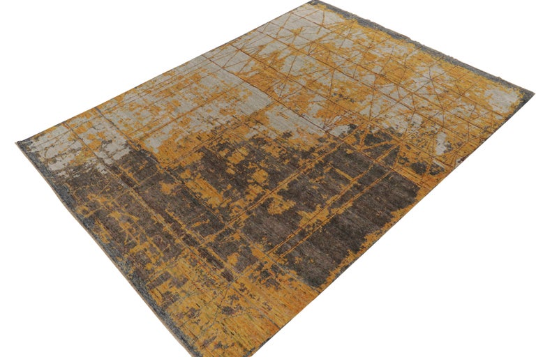 Rug and Kilim’s Abstract Rug in Gold, Grey and Blue Layered Patterns