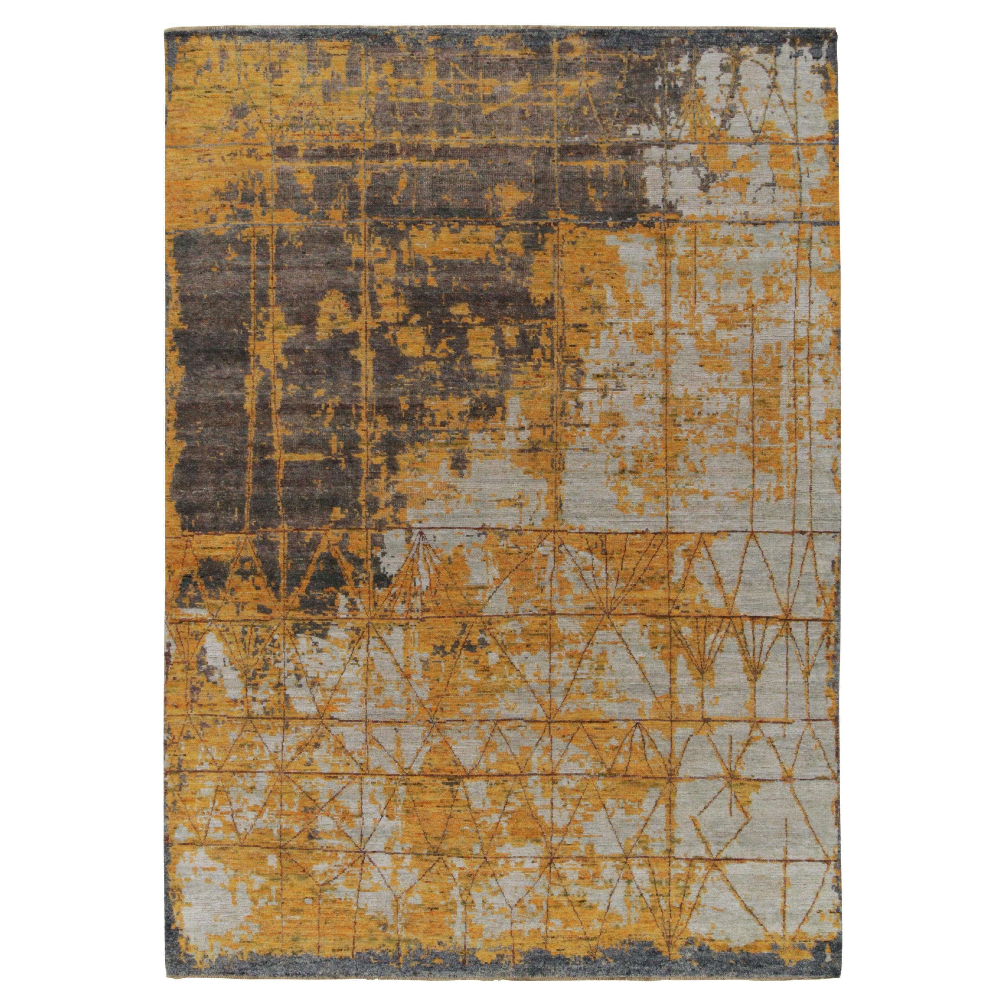 Rug & Kilim’s Abstract Rug in Gold, Grey and Blue Layered Patterns For Sale