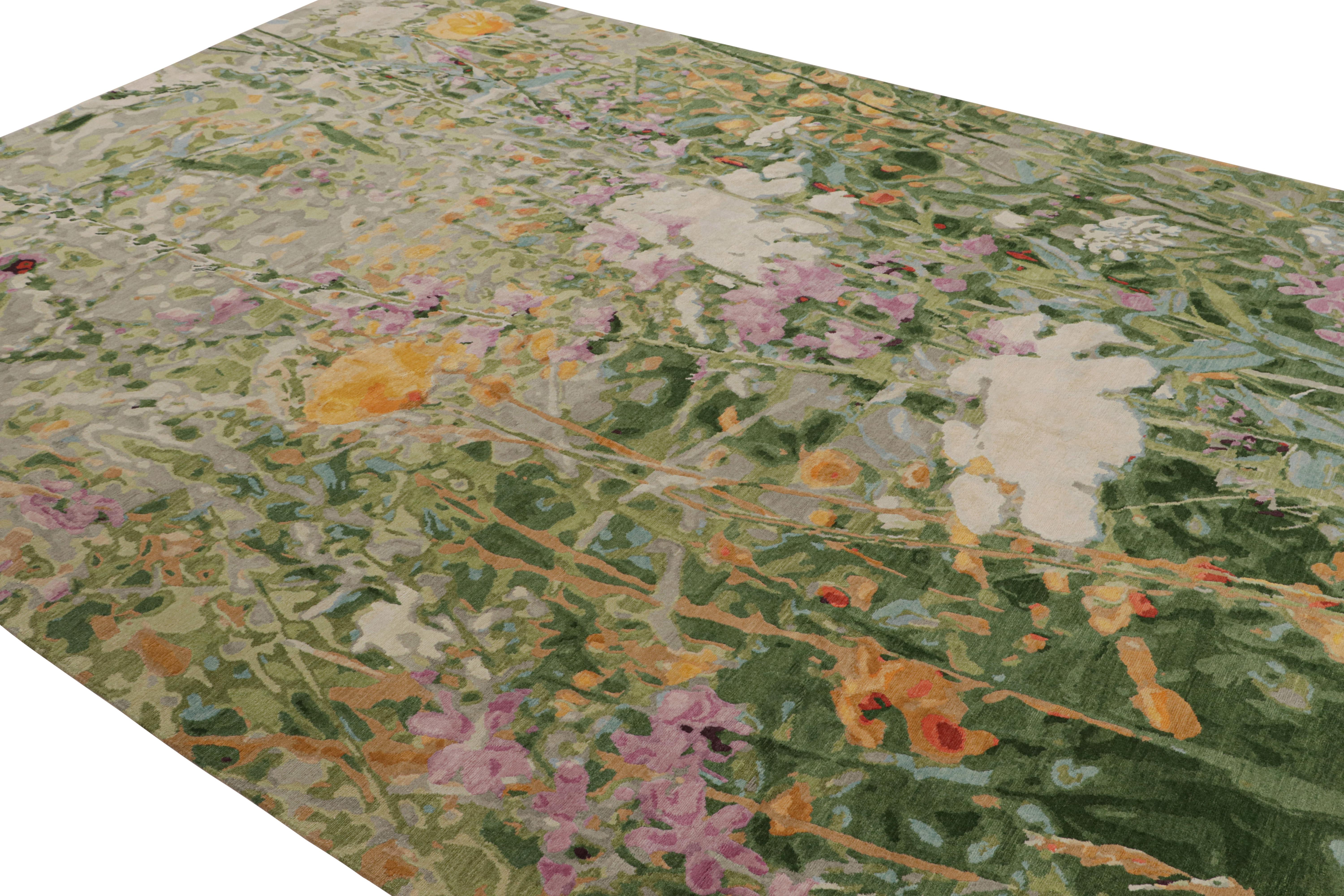Hand-knotted in wool and silk, this 9x12 modern abstract rug features “Wild Flowers Spring” design draws inspiration from a lively botanical design and is executed like a dreamy watercolor or even Jackson Pollock-esque painting. 

On the Design:

