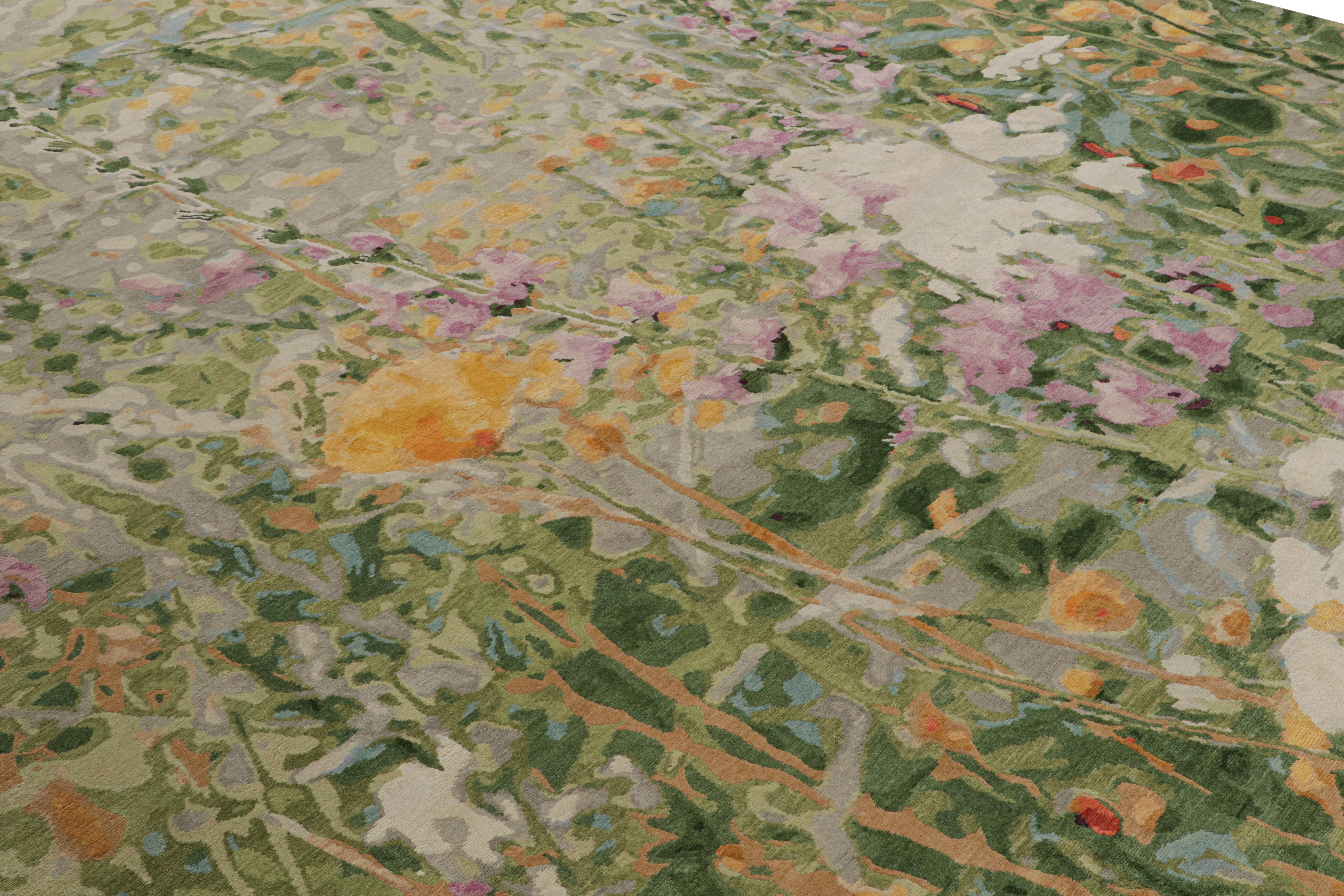 Nepalese Rug & Kilim’s Abstract Rug in Green with Colorful Patterns “Wild Flowers Spring” For Sale