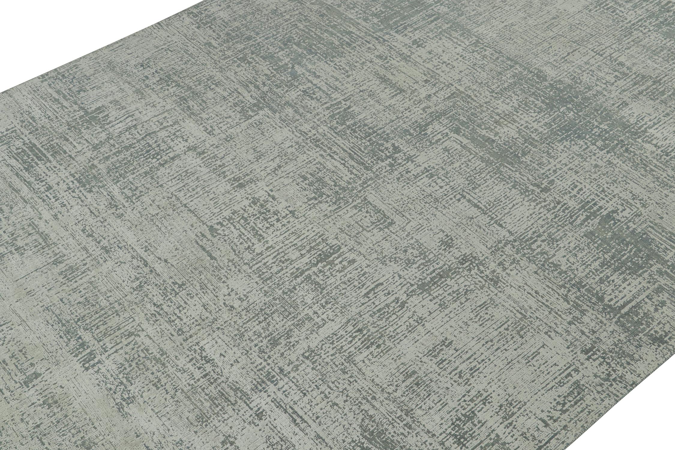 Indien Rug & Kilim's Abstract Rug in Grey and Stone Blue Geometric Pattern (tapis abstrait à motifs géométriques gris et bleu pierre) en vente