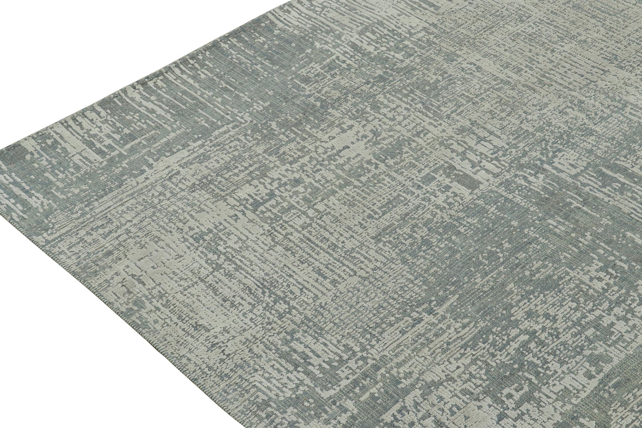 Noué à la main Rug & Kilim's Abstract Rug in Grey and Stone Blue Geometric Pattern (tapis abstrait à motifs géométriques gris et bleu pierre) en vente