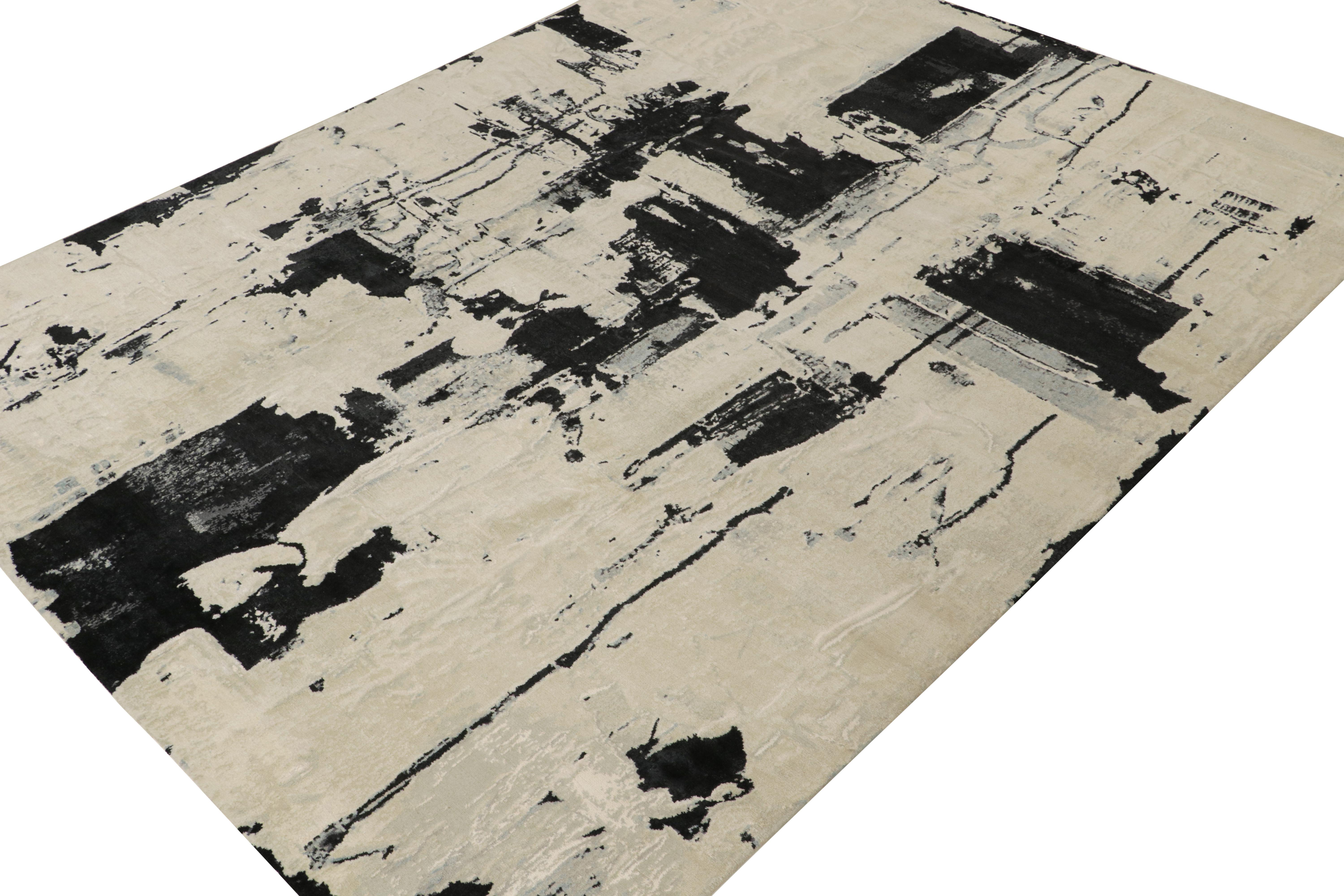 This 9x12 abstract rug is the next addition to Rug & Kilim’s bold modern rug designs. Hand-knotted in wool and silk.

Further on the Design: 

This piece draws inspiration from fresco paintings, and hosts a unique abstract pattern in black and ice