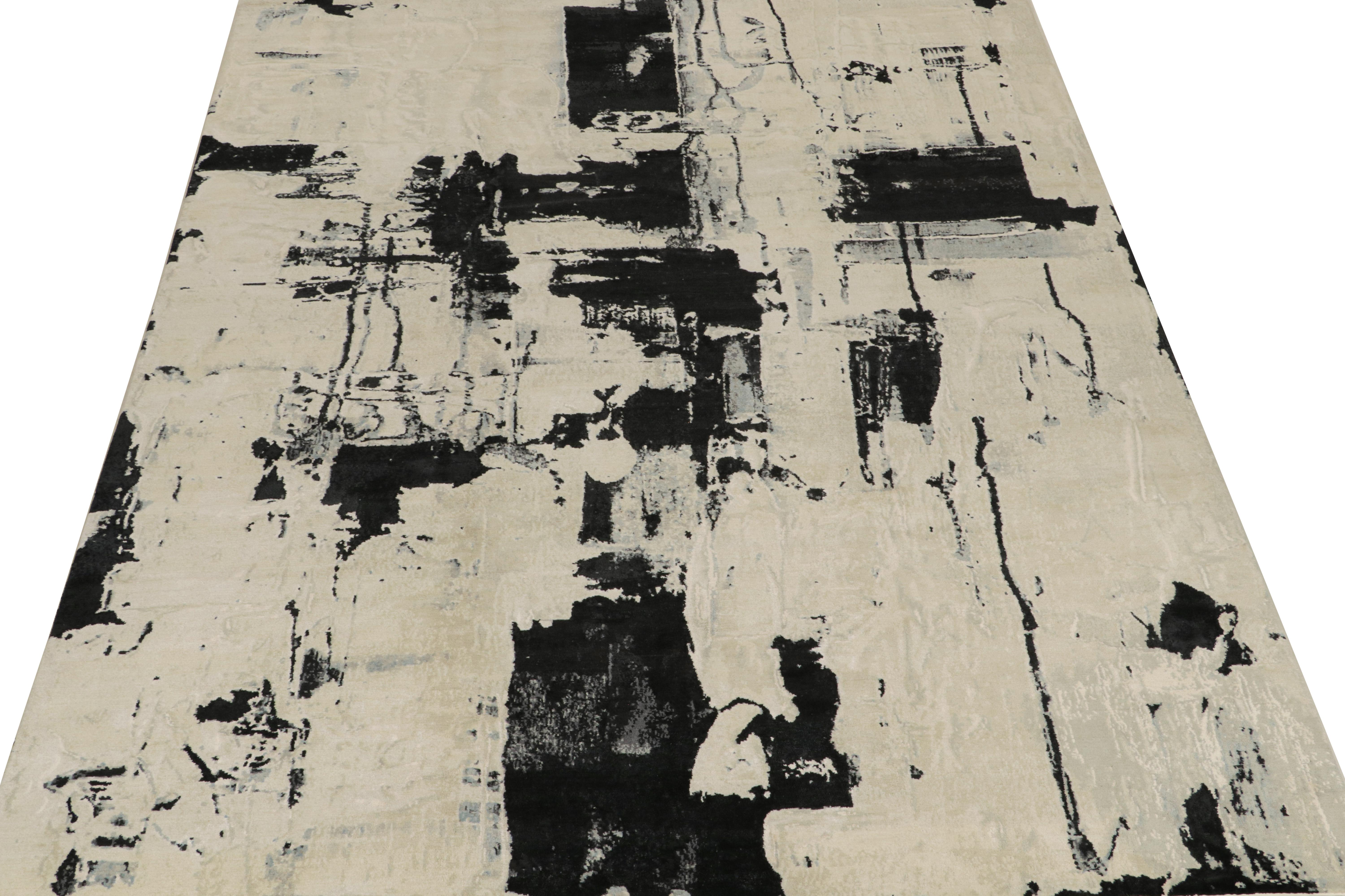 Modern Rug & Kilim’s Abstract Rug in Ivory with Black and Ice Blue Patterns For Sale