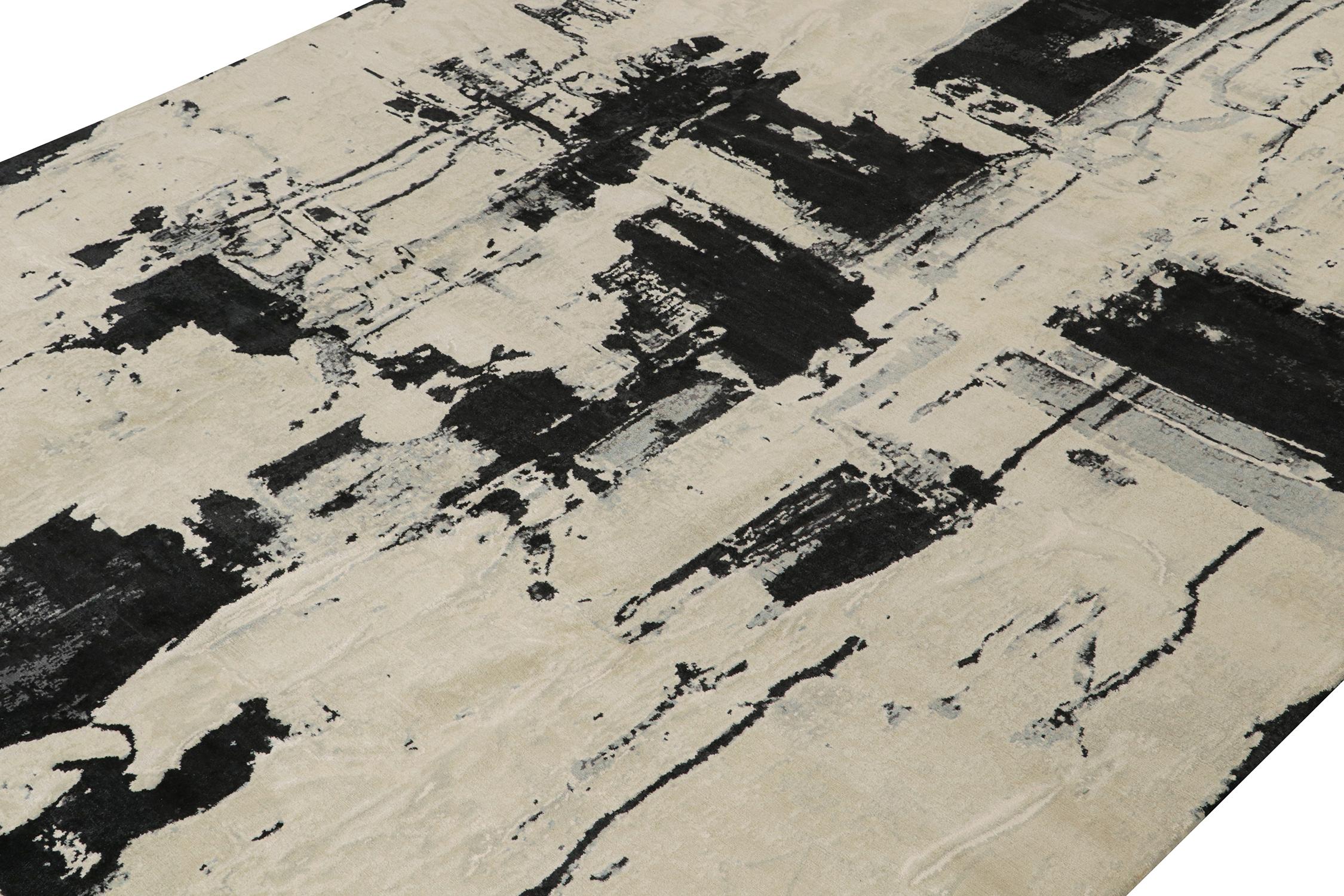 Nepalese Rug & Kilim’s Abstract Rug in Ivory with Black and Ice Blue Patterns For Sale
