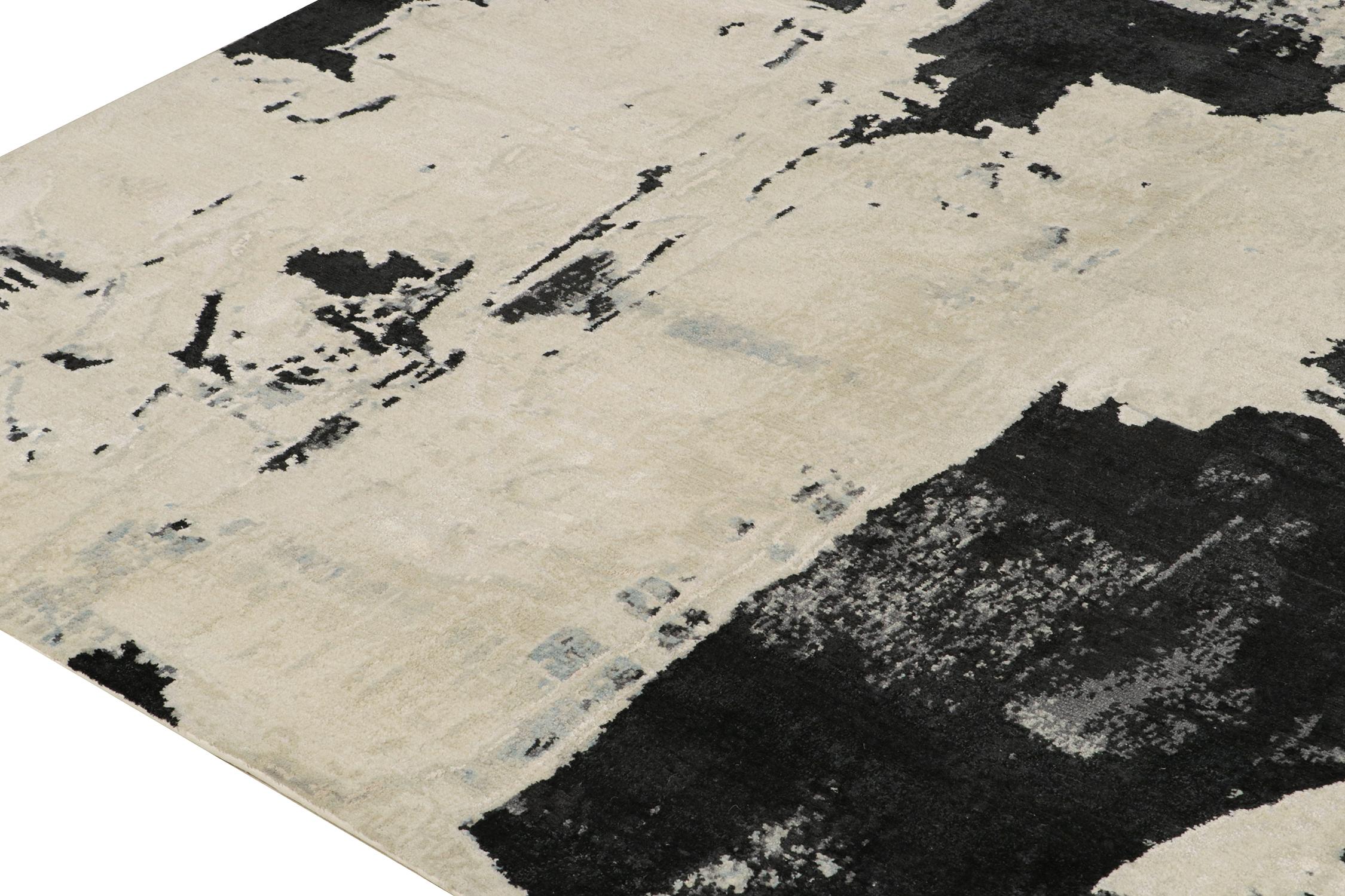 Hand-Knotted Rug & Kilim’s Abstract Rug in Ivory with Black and Ice Blue Patterns For Sale