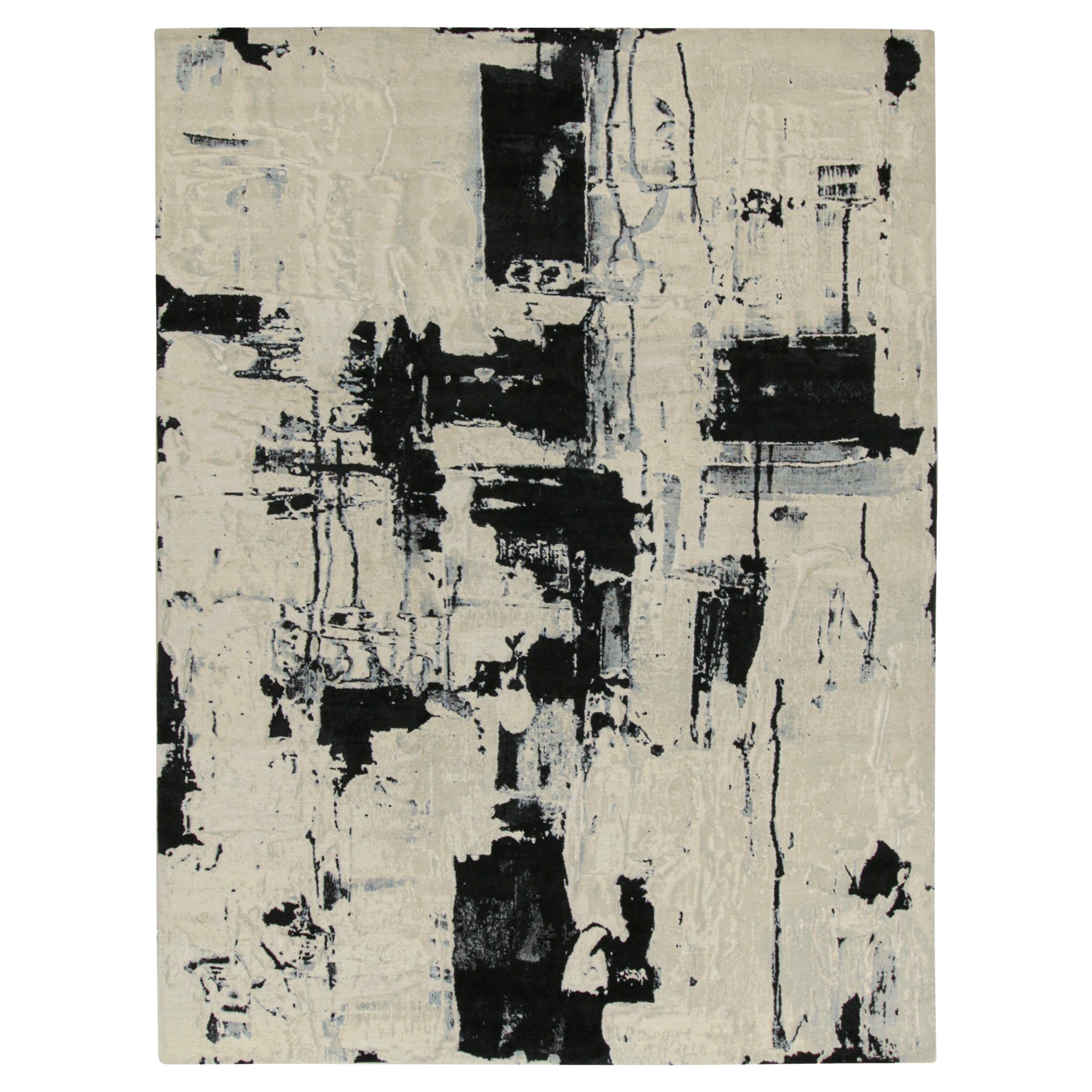 Rug & Kilim’s Abstract Rug in Ivory with Black and Ice Blue Patterns For Sale