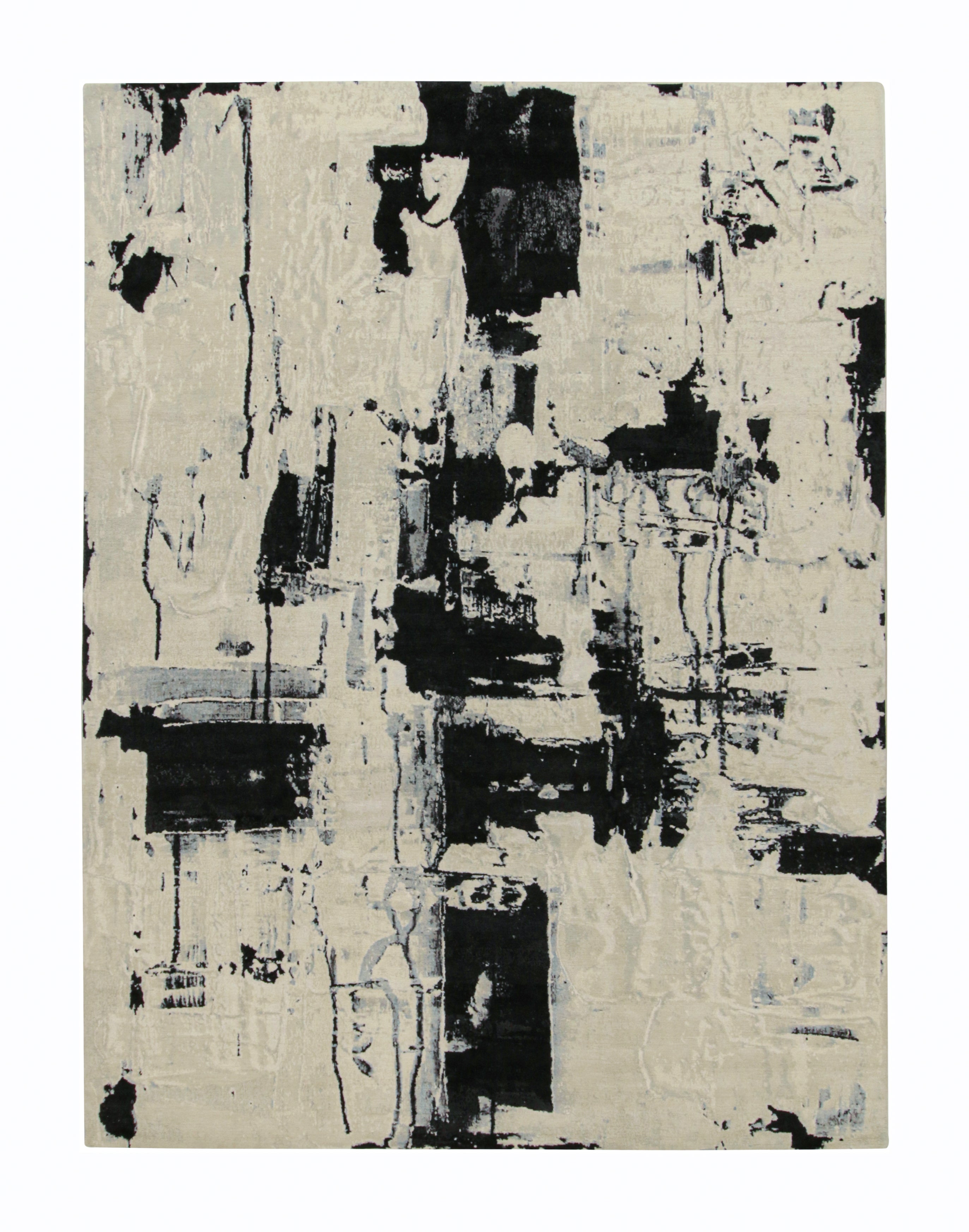 Rug & Kilim’s Abstract Rug in Ivory with Black and Ice Blue Patterns