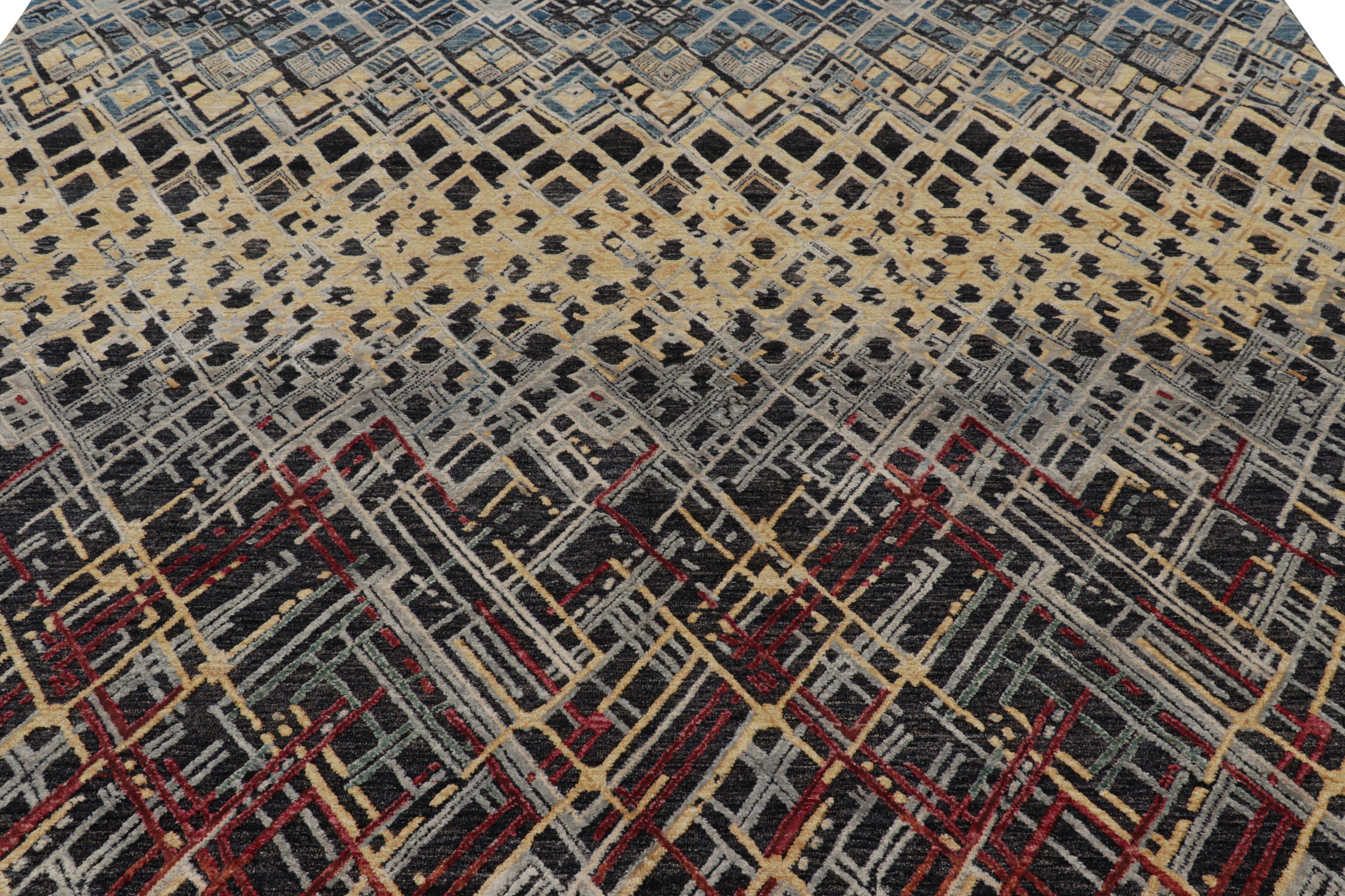 Hand-knotted in a luxurious blend of wool and silk, this 8x10 abstract rug is an exciting new addition to Rug & Kilim’s Modern rug collection.

On the Design: 

Red, gold, blue, black, and gray tones come together in this abstractionist piece with